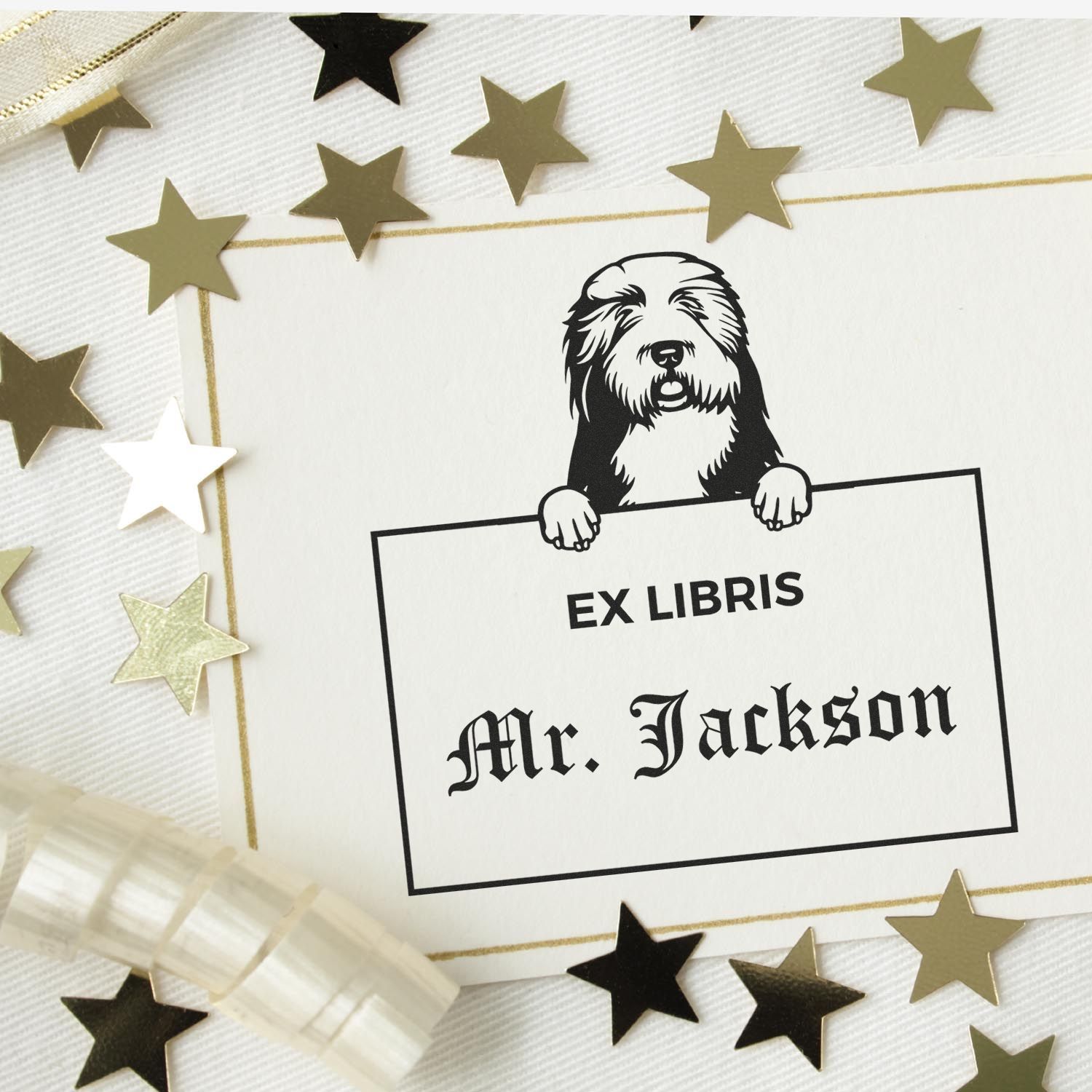 Personalizable Ex Libris Library Stamper with Old English Sheepdogs - Engineer Seal Stamps