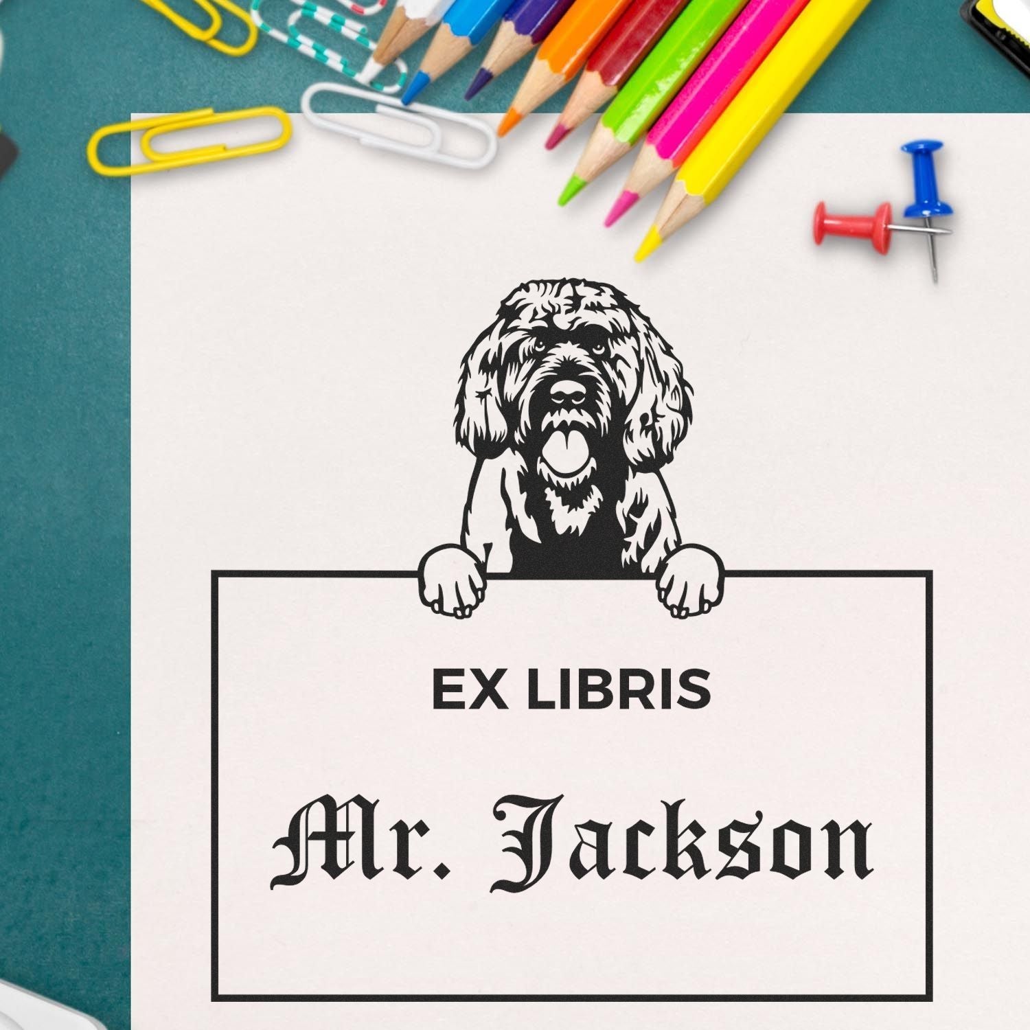 Customizable Ex Libris Classroom Stamp with Portuguese Water Dog - Engineer Seal Stamps