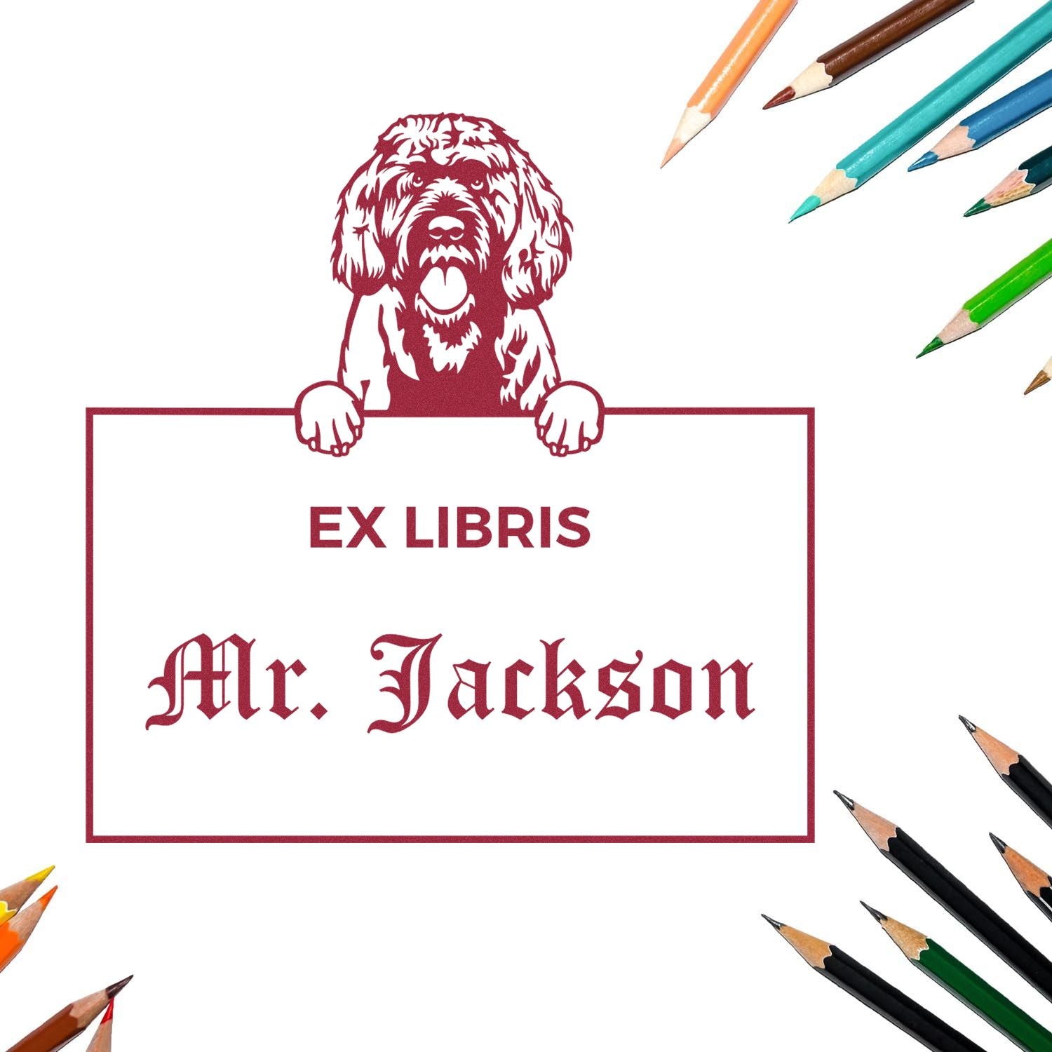 Customizable Ex Libris Classroom Stamp with Portuguese Water Dog - Engineer Seal Stamps