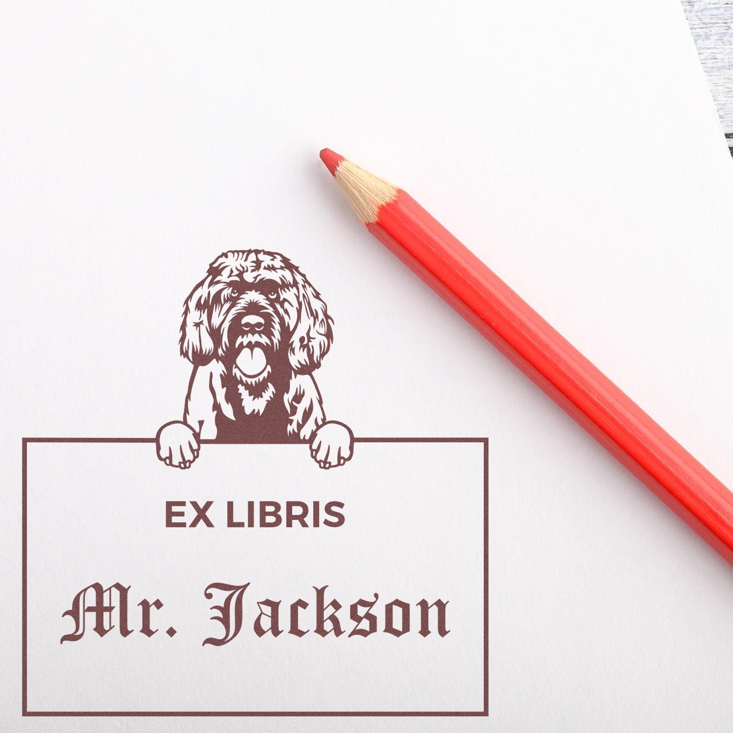 Customizable Ex Libris Classroom Stamp with Portuguese Water Dog - Engineer Seal Stamps