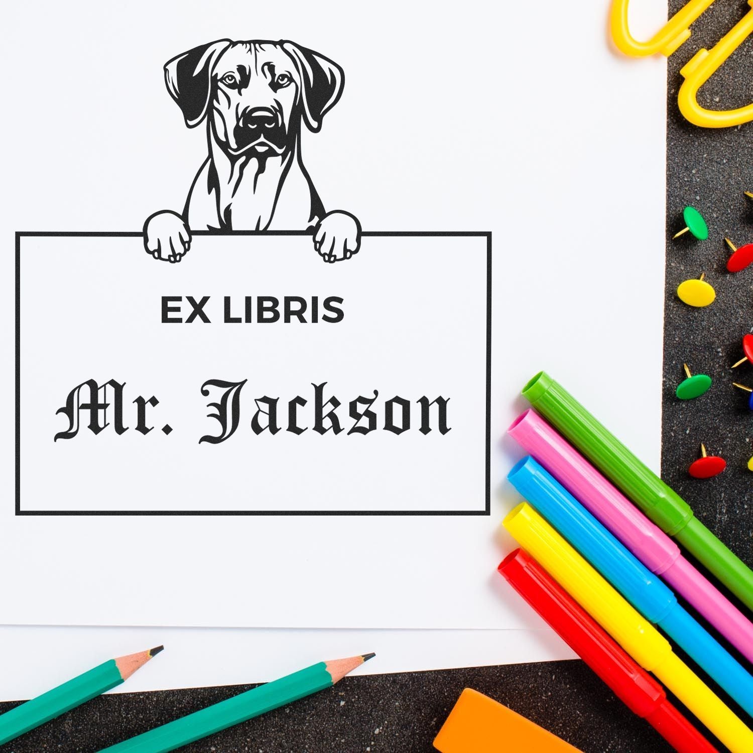 Customizable Ex Libris Book Stamper with Rhodesian Ridgeback - Engineer Seal Stamps