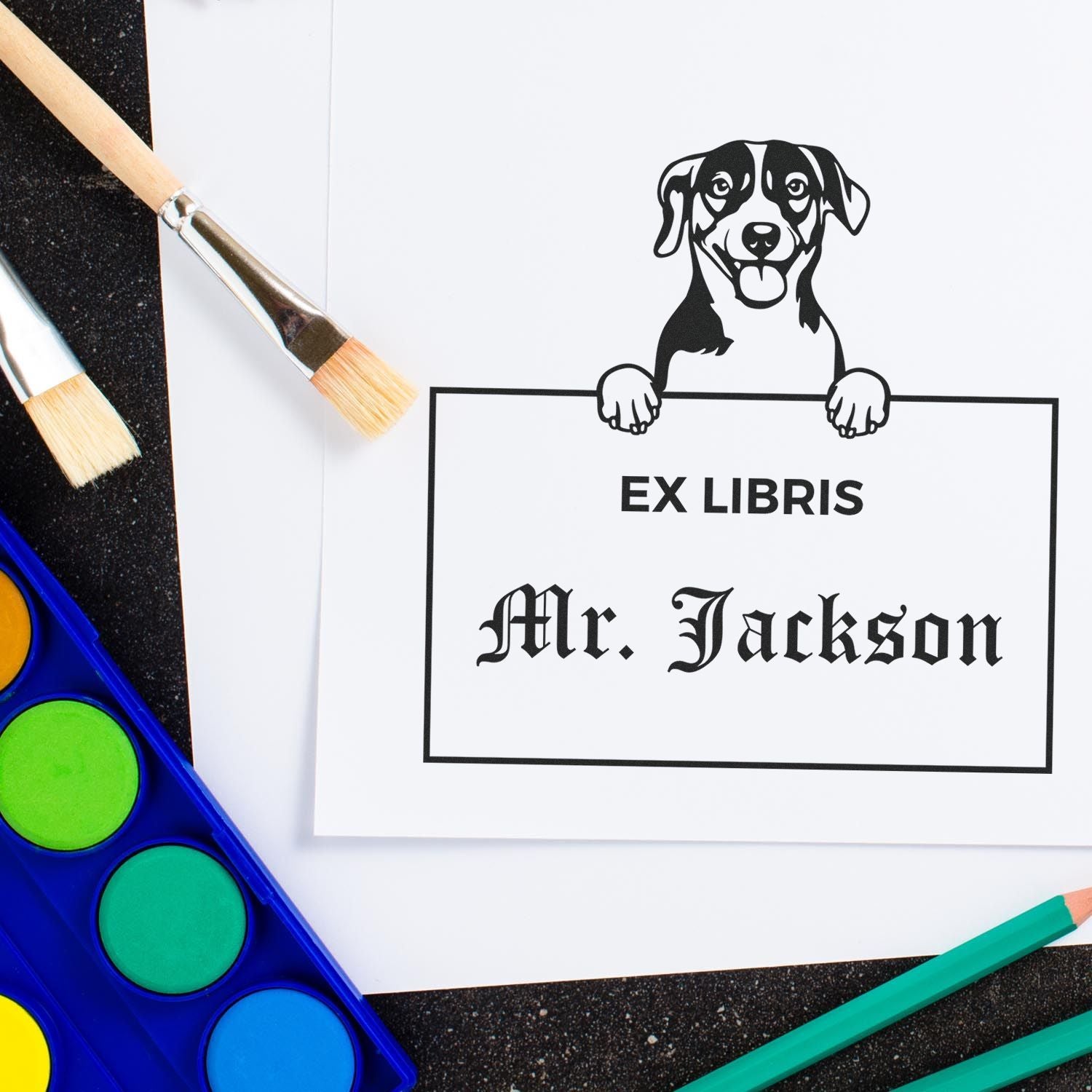 Customizable Ex Libris Teacher Stamper with Russell Terrier - Engineer Seal Stamps