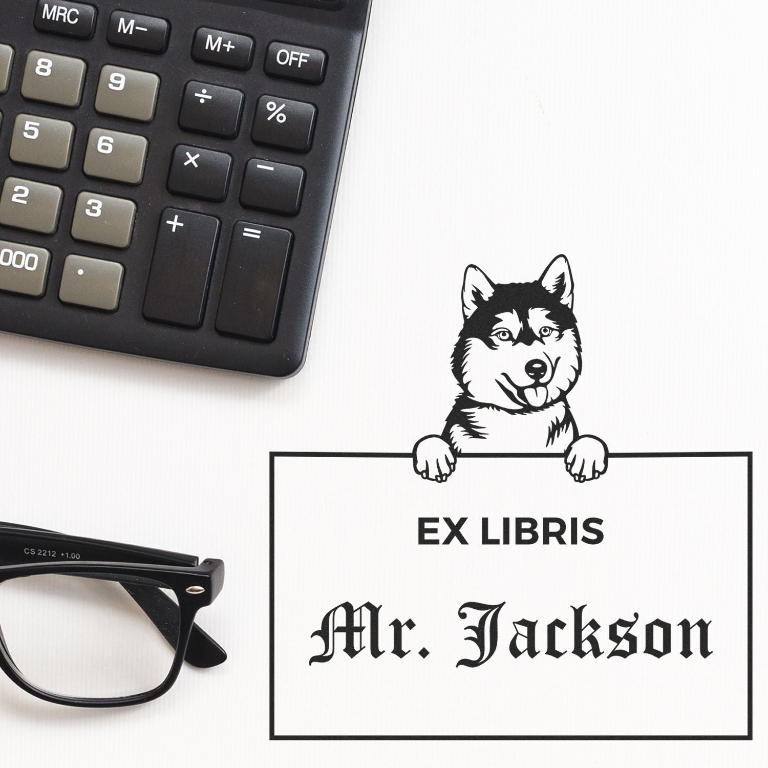 Customizable Ex Libris Library Book Stamper with Siberian Husky - Engineer Seal Stamps