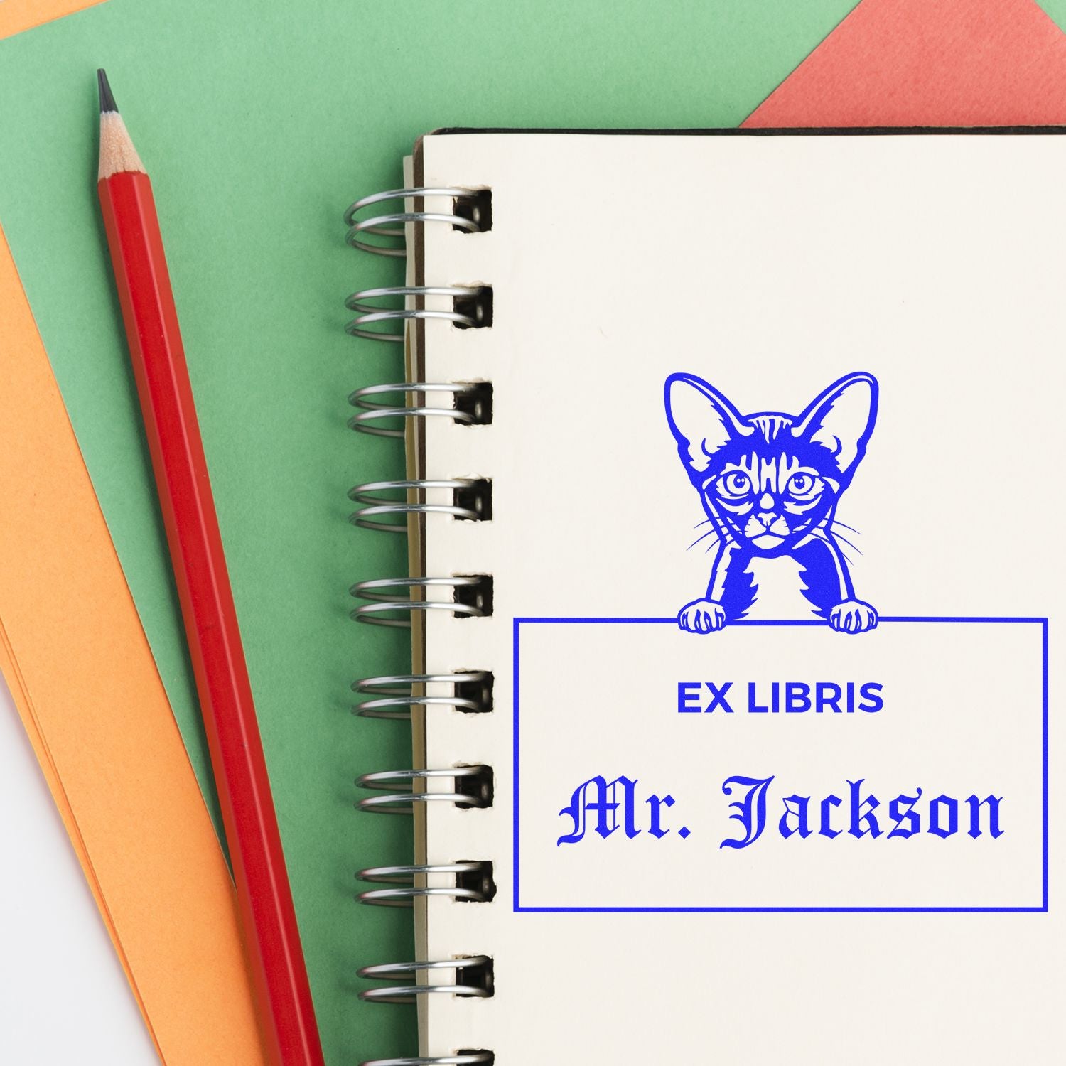 Personalized Ex Libris Library Stamp with Abyssinian Cat - Engineer Seal Stamps