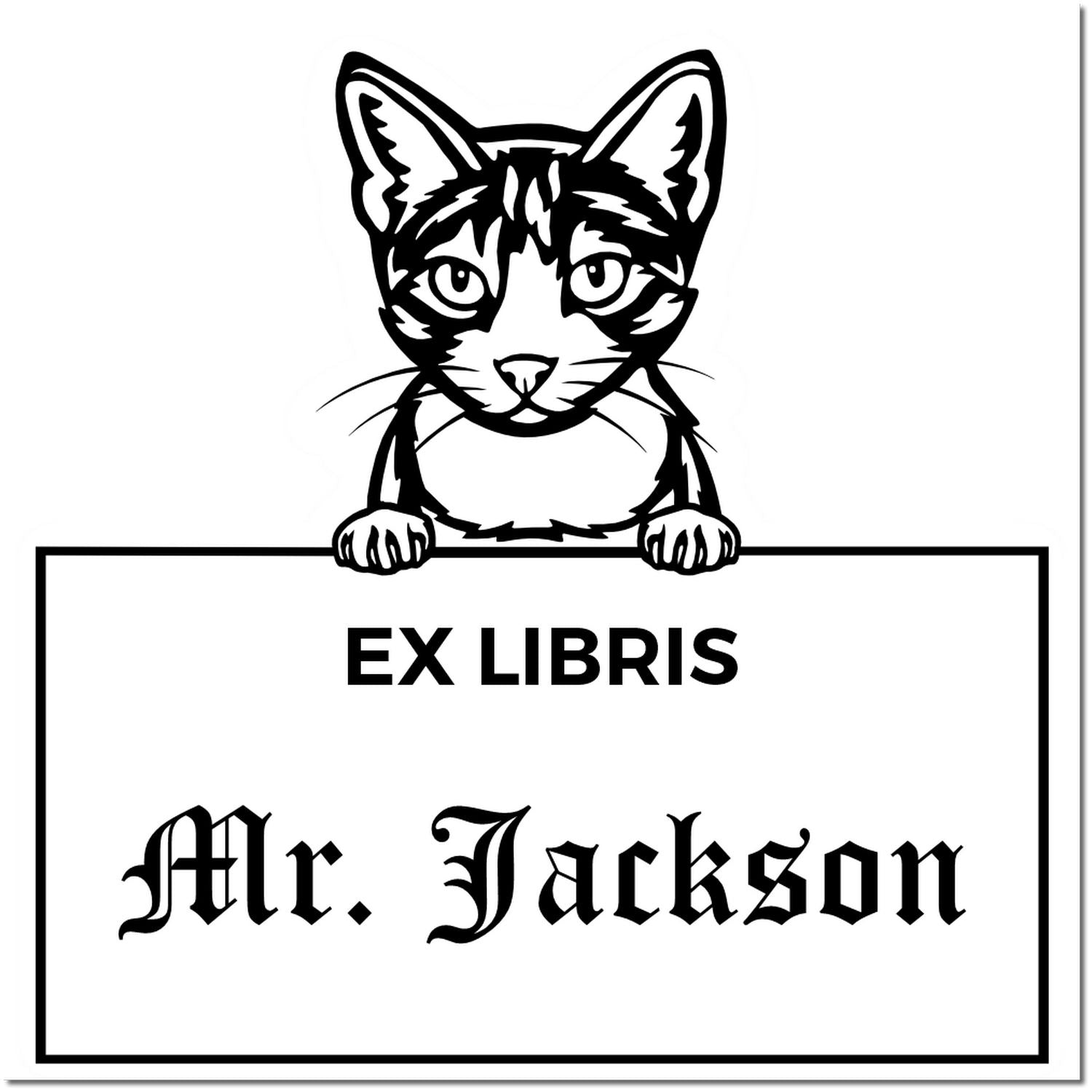 Black-and-white custom ex libris book stamp with cat illustration, bold Mr. Jackson text, and framed seal design.