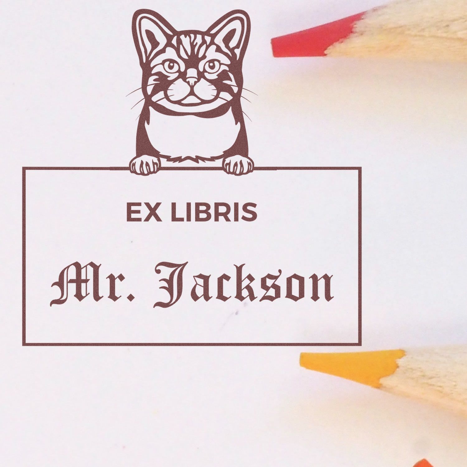 Personalizable Ex Libris Stamper with American Wirehair Cat - Engineer Seal Stamps