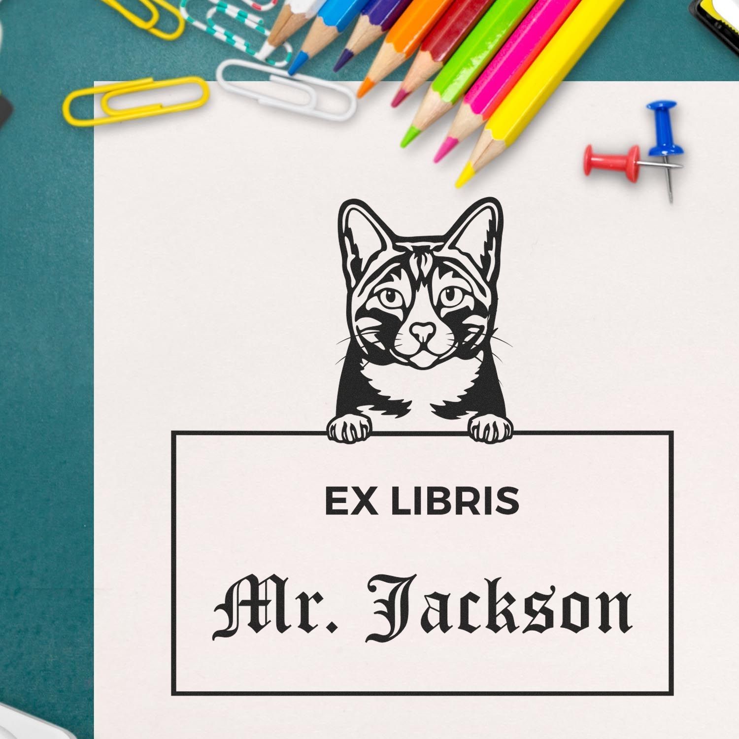 Arabian Mau Personalized Cat-Themed Ex Libris Label Stamp - Engineer Seal Stamps