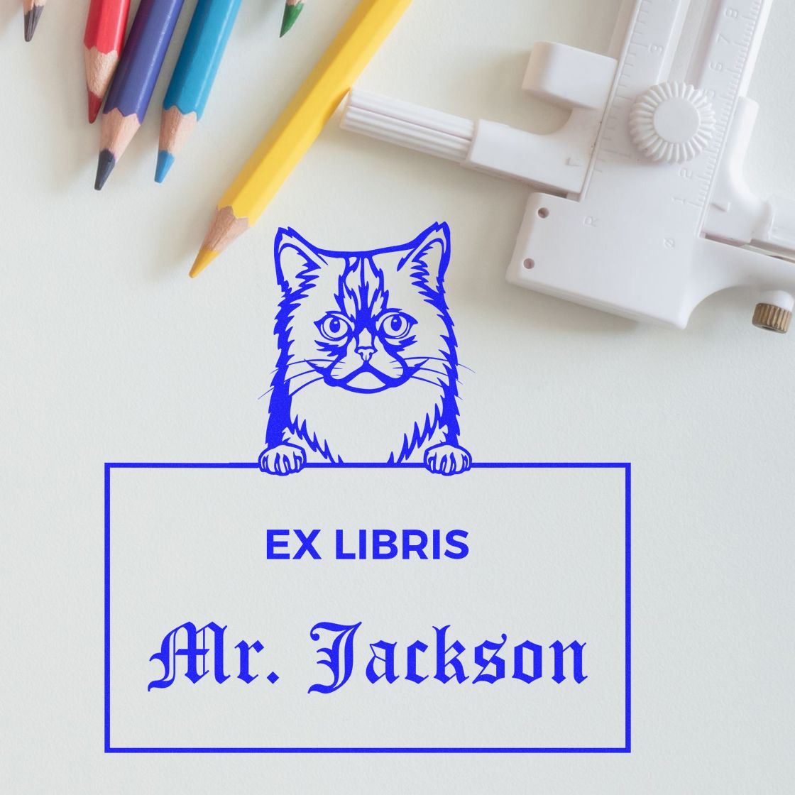 Personalizable Ex Libris Classroom Stamper with Asian Semi Longhair Cat - Engineer Seal Stamps