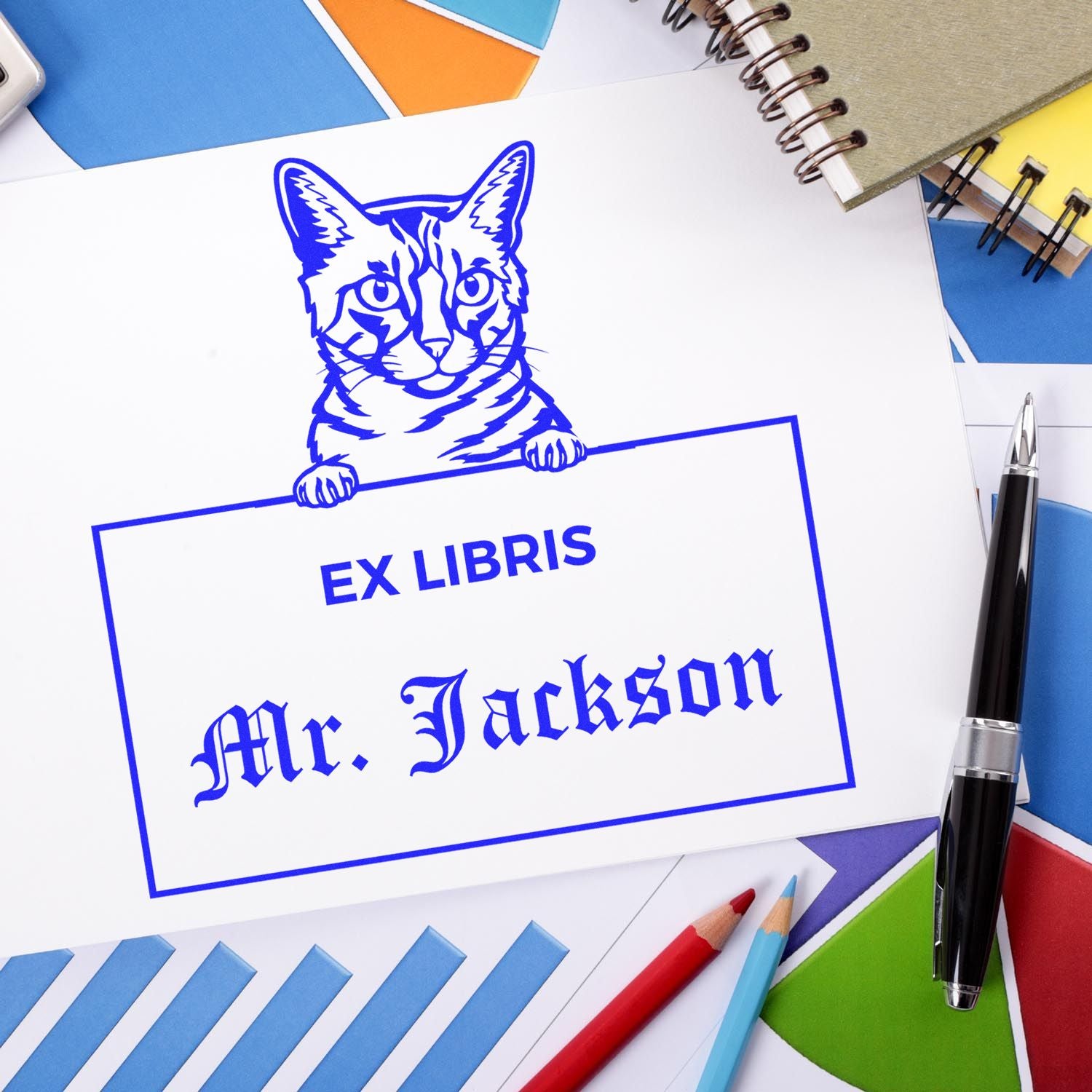 California Spangled Personalized Cat Ex Libris Book Label Stamp - Engineer Seal Stamps