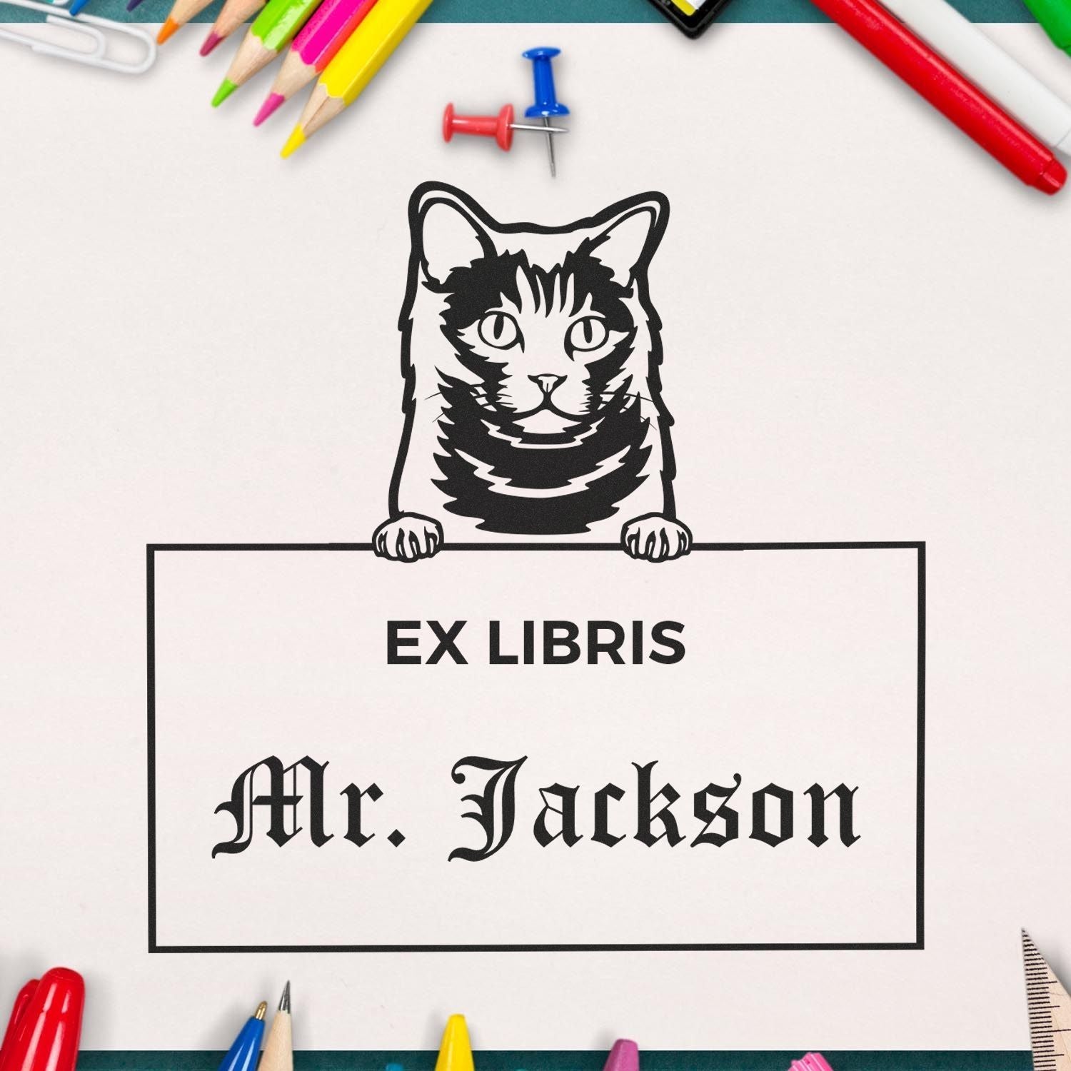 Personalizable Ex Libris Library Stamper with Chartreux Cat - Engineer Seal Stamps