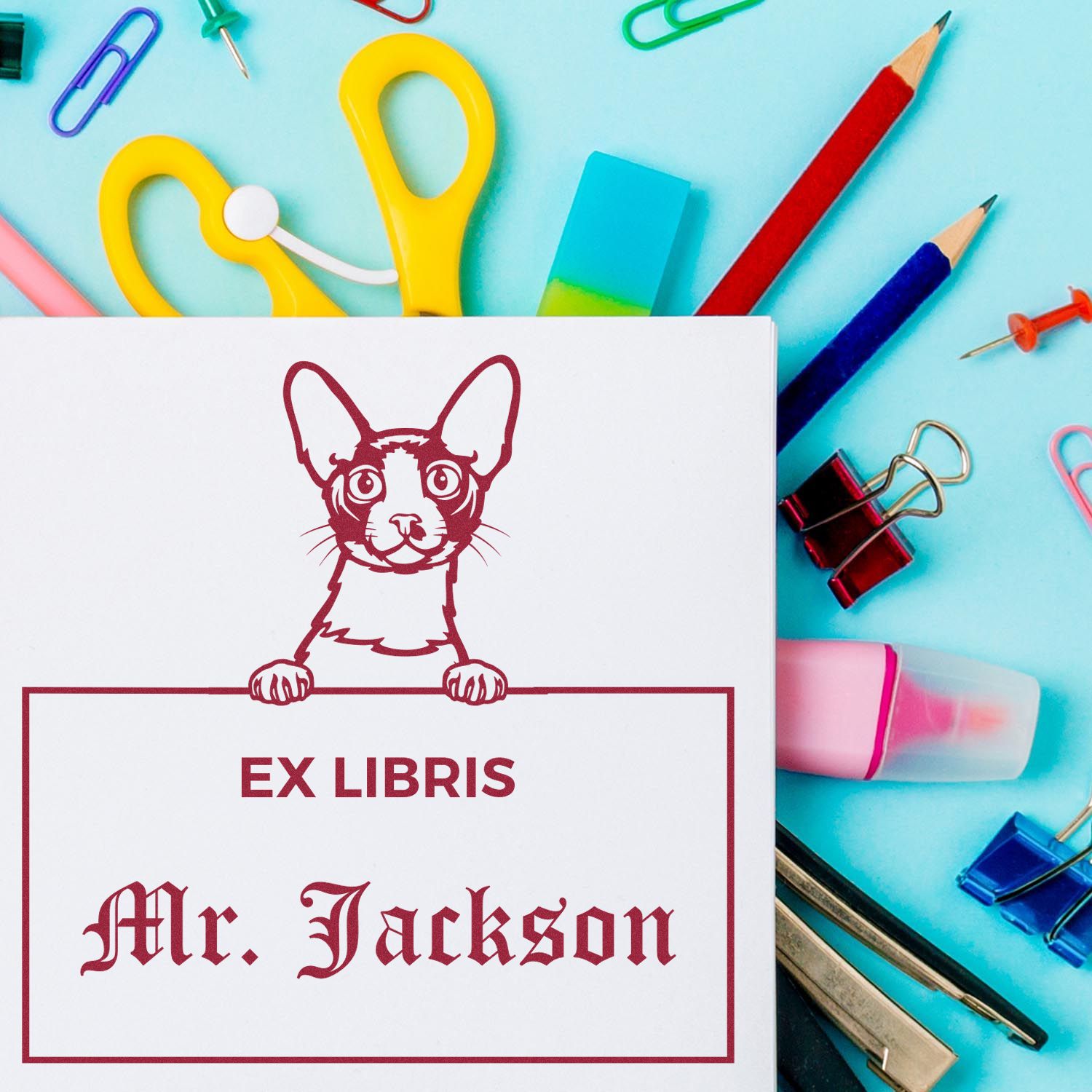 Customizable Ex Libris Stamp with Cornish Rex Cat - Engineer Seal Stamps