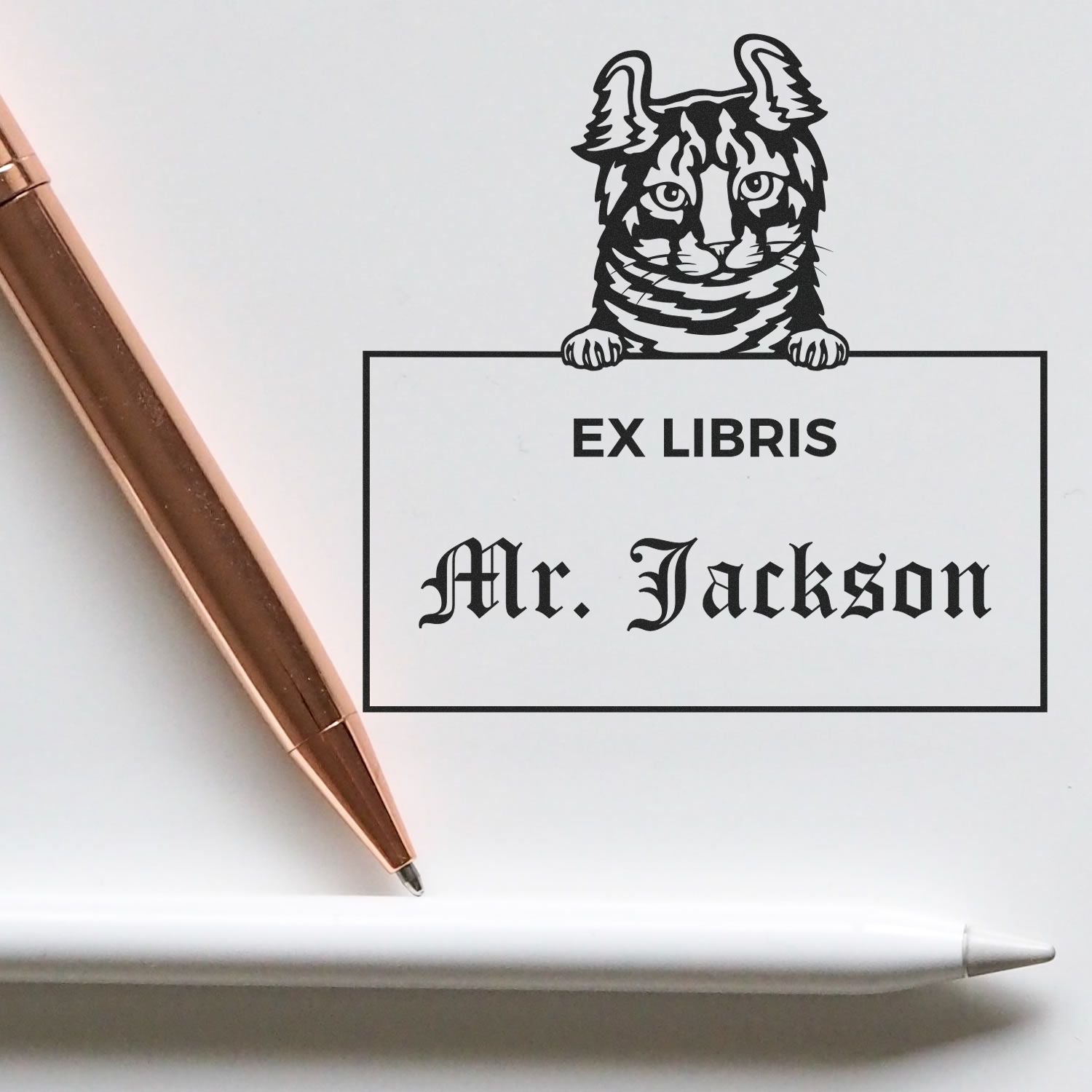 Customizable Ex Libris Custom Book Stamp with Highlander Cat - Engineer Seal Stamps