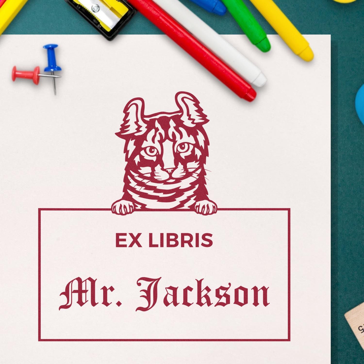 Customizable Ex Libris Custom Book Stamp with Highlander Cat - Engineer Seal Stamps