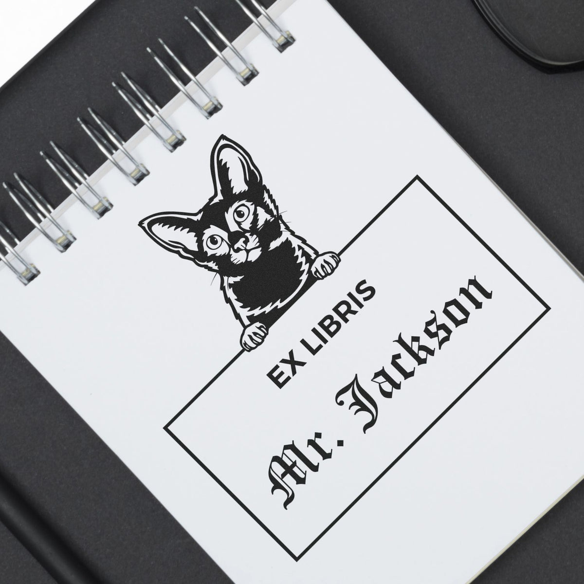 Black-and-white custom stamp seal featuring a cat logo, EX LIBRIS text, and Jack B. Ar. on a spiral notebook.
