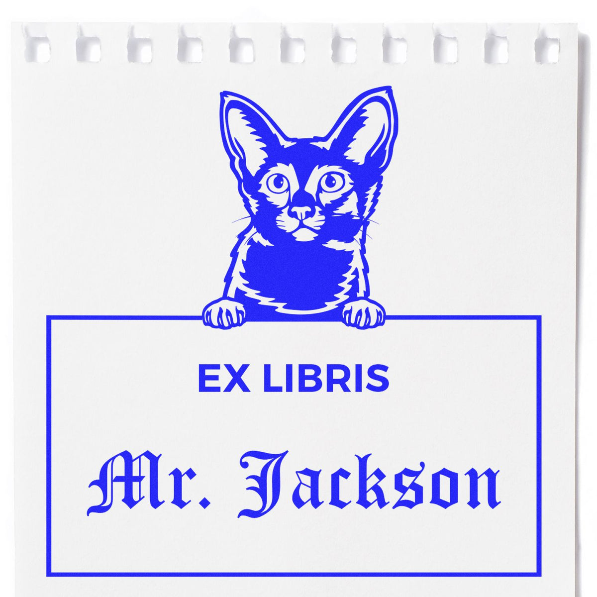 Blue ex libris stamp/seal with a cat illustration and Mr. Jackson in blue on white paper.