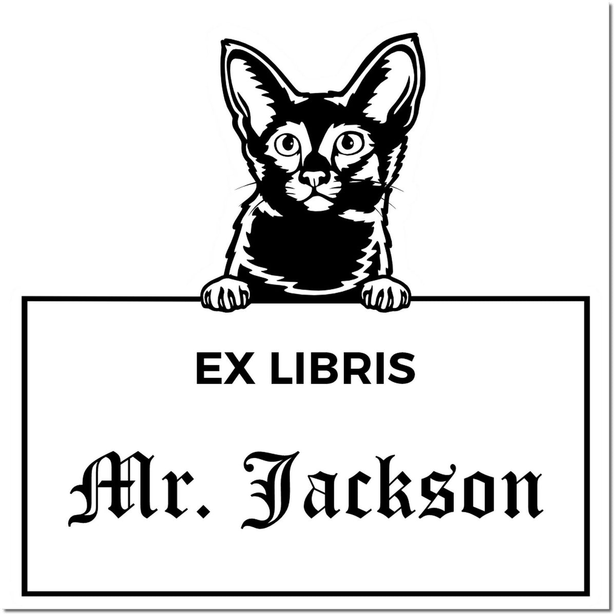 Black-and-white ex libris book stamp/seal with cat peeking over a frame, labeled EX LIBRIS Mr. Jackson.