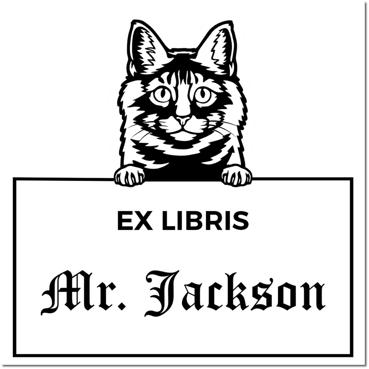 Black-and-white ex libris book stamp and seal with cat holding a sign, labeled Mr. Jackson.