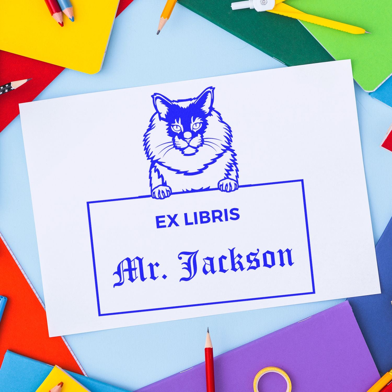 Customizable Ex Libris Library Stamper with Maine Coon Cat - Engineer Seal Stamps