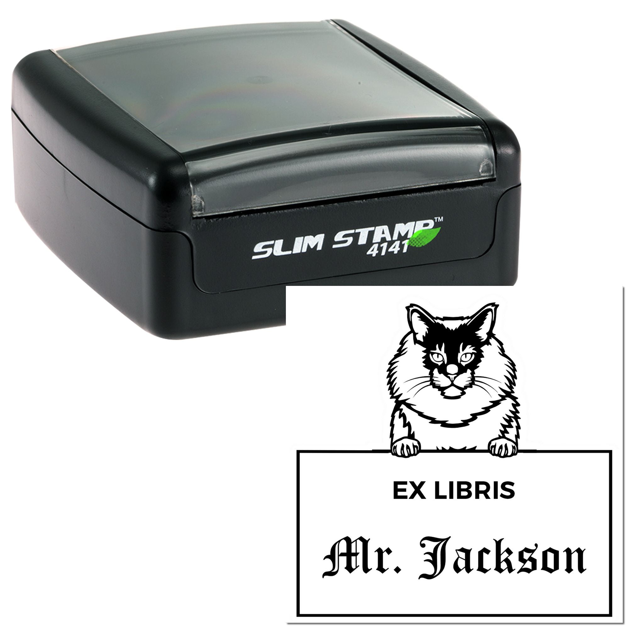 Customizable Ex Libris Library Stamper with Maine Coon Cat - Engineer Seal Stamps