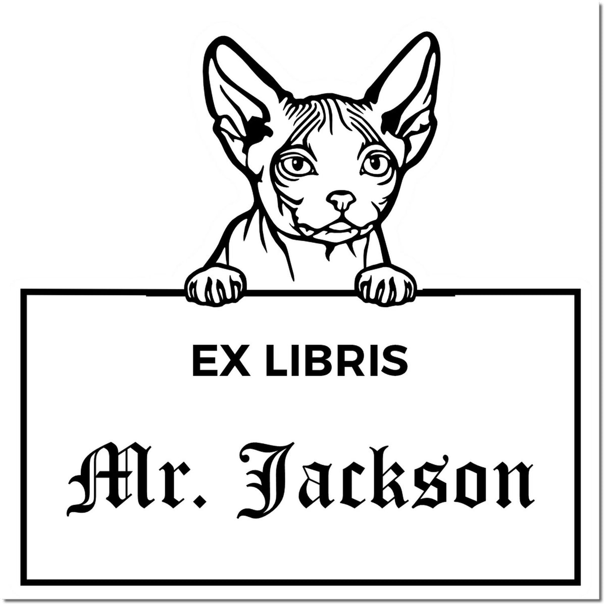 Black-and-white custom ex libris book stamp featuring a Sphynx cat and Mr. Jackson name on a bordered seal.