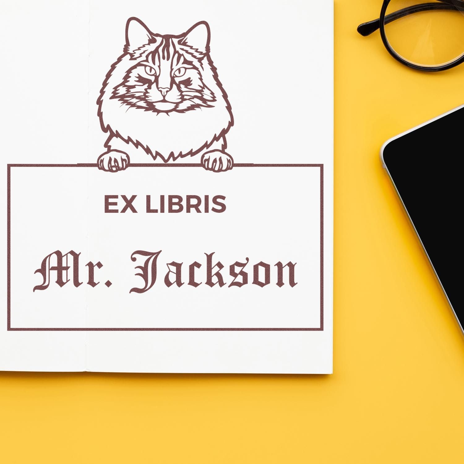 Self-Inking Norwegian Forest Customizable Cat-Themed Book Ex Libris Stamp - Engineer Seal Stamps