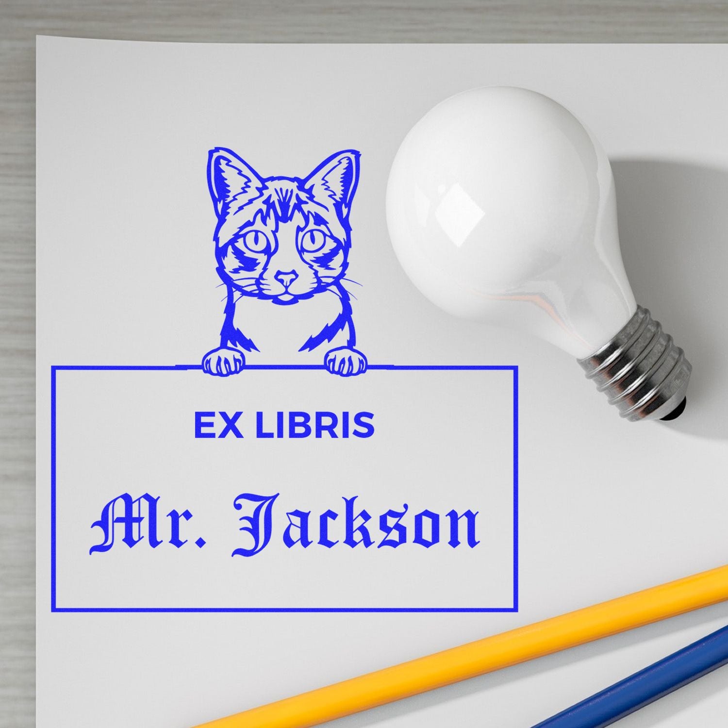 Custom-Made Ex Libris Book Stamp with Ojos Azules Cat - Engineer Seal Stamps
