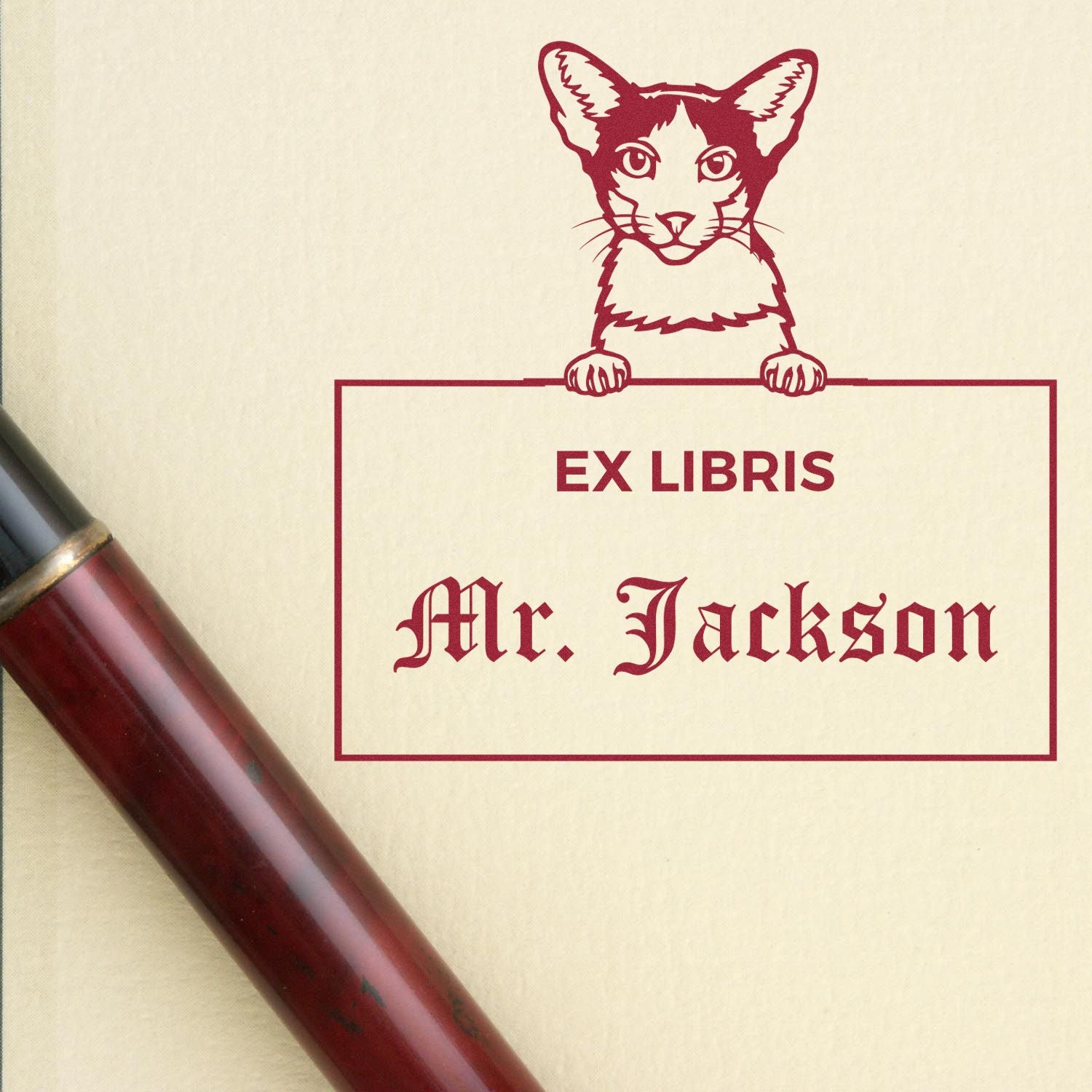 Oriental Bicolor Cat Personalized Ex Libris Custom Book Stamper - Engineer Seal Stamps