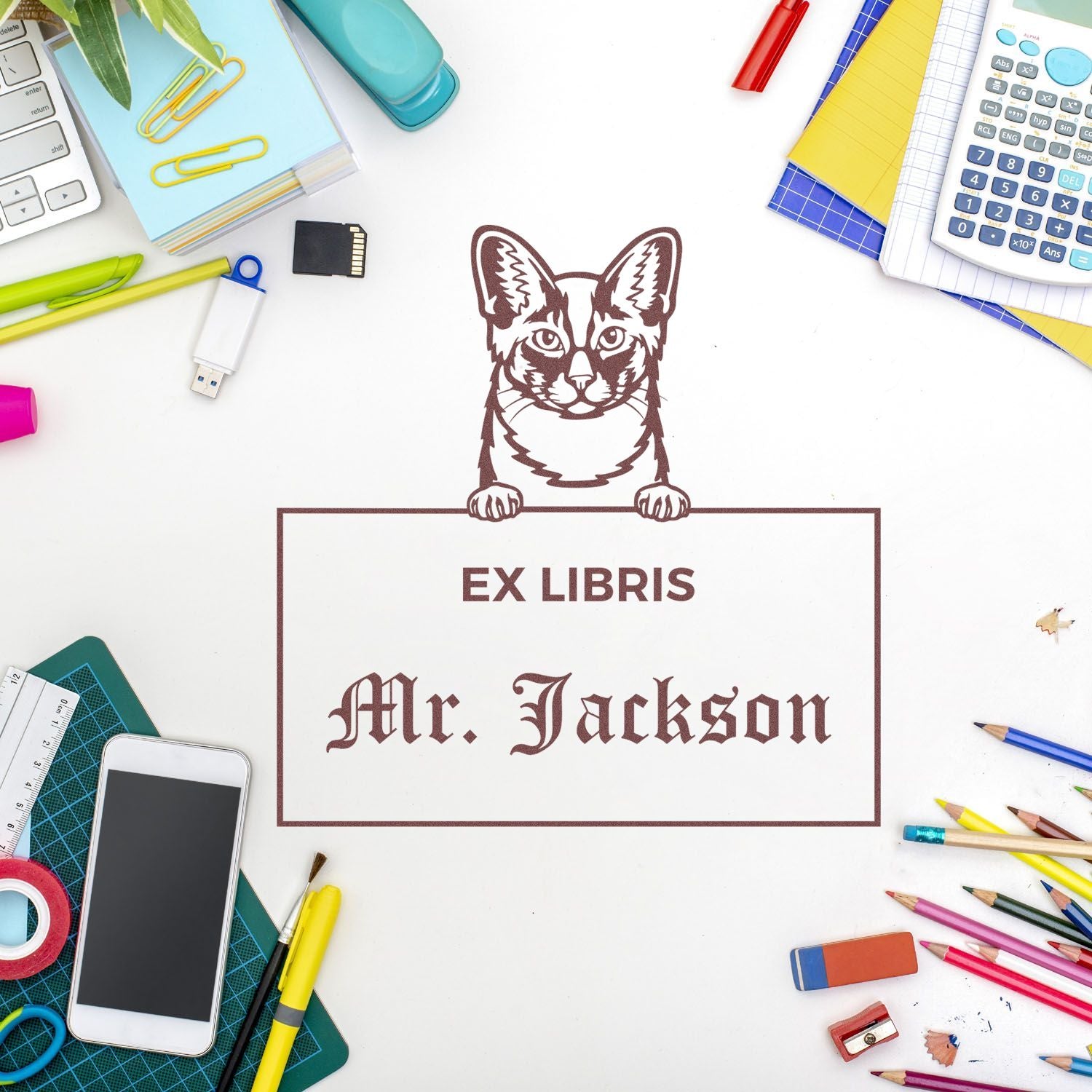 Custom-Made Ex Libris Teacher Stamp with Oriental Longhair Cat - Engineer Seal Stamps