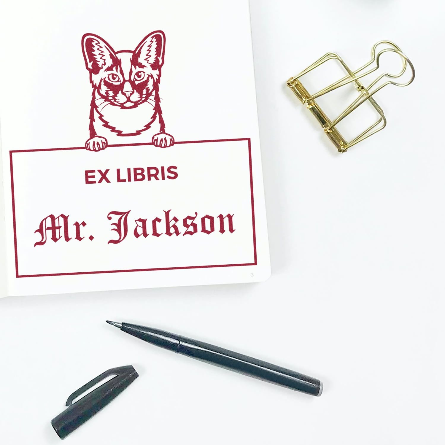 Oriental Longhair Custom Cat Ex Libris Book Label Stamp - Engineer Seal Stamps