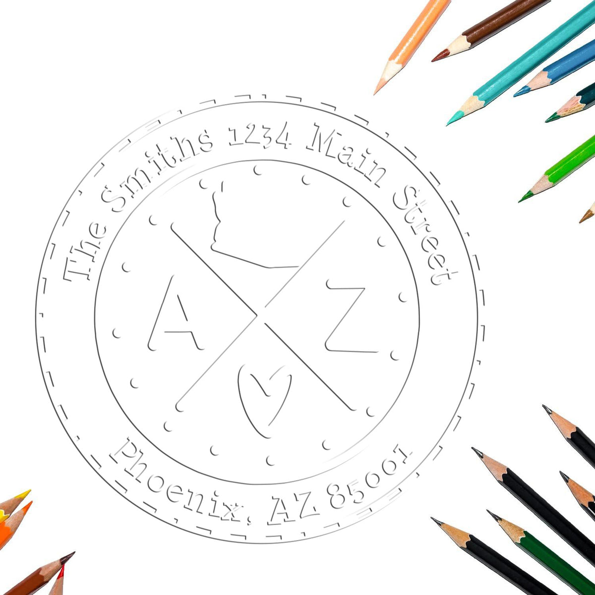 Circular stamp seal design for The Smiths, 1234 Main Street, Phoenix AZ 85001, with colorful pencils on a white background.