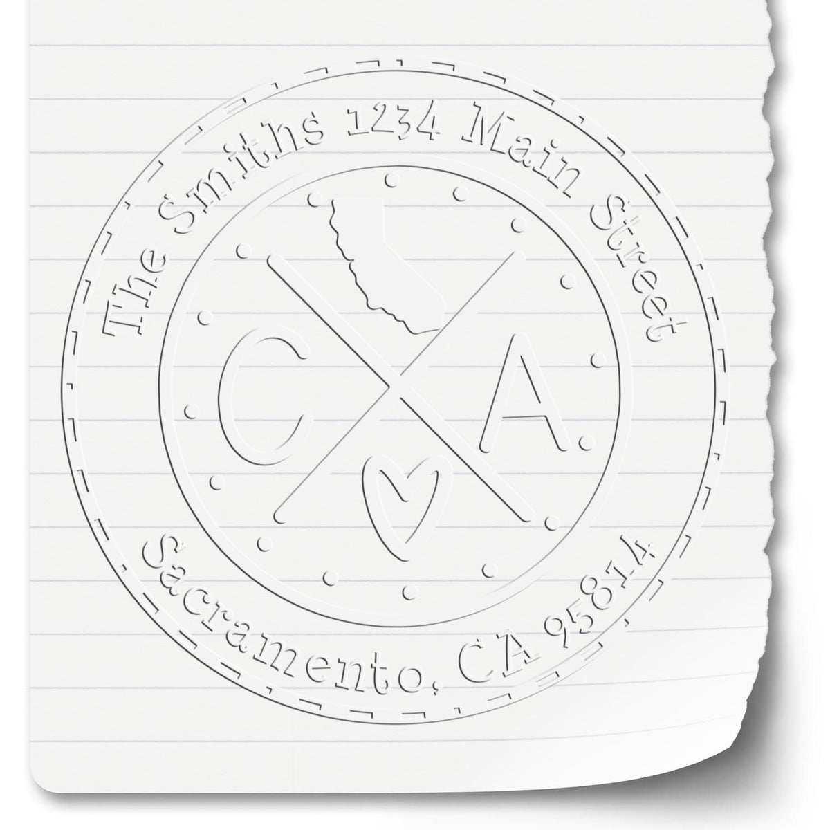 Trodat State Cross Hybrid California address seal embosser from State Love Stamps in use, featuring a customizable design.