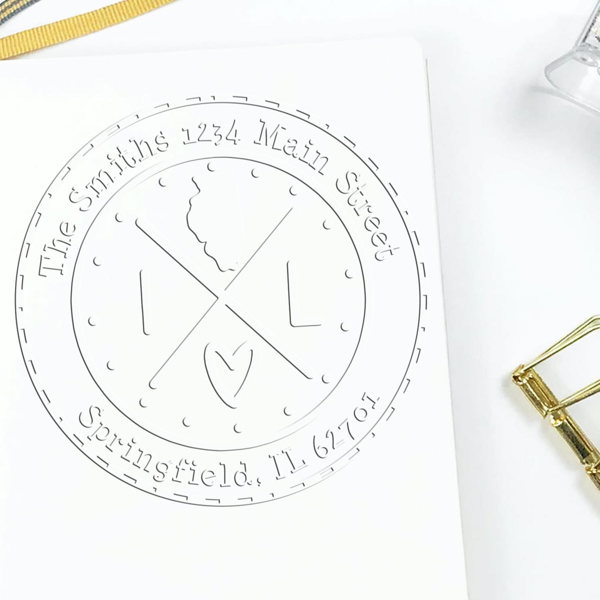Trodat State Cross Hybrid Illinois address seal from State Love Stamps in use, featuring customizable address and state design.