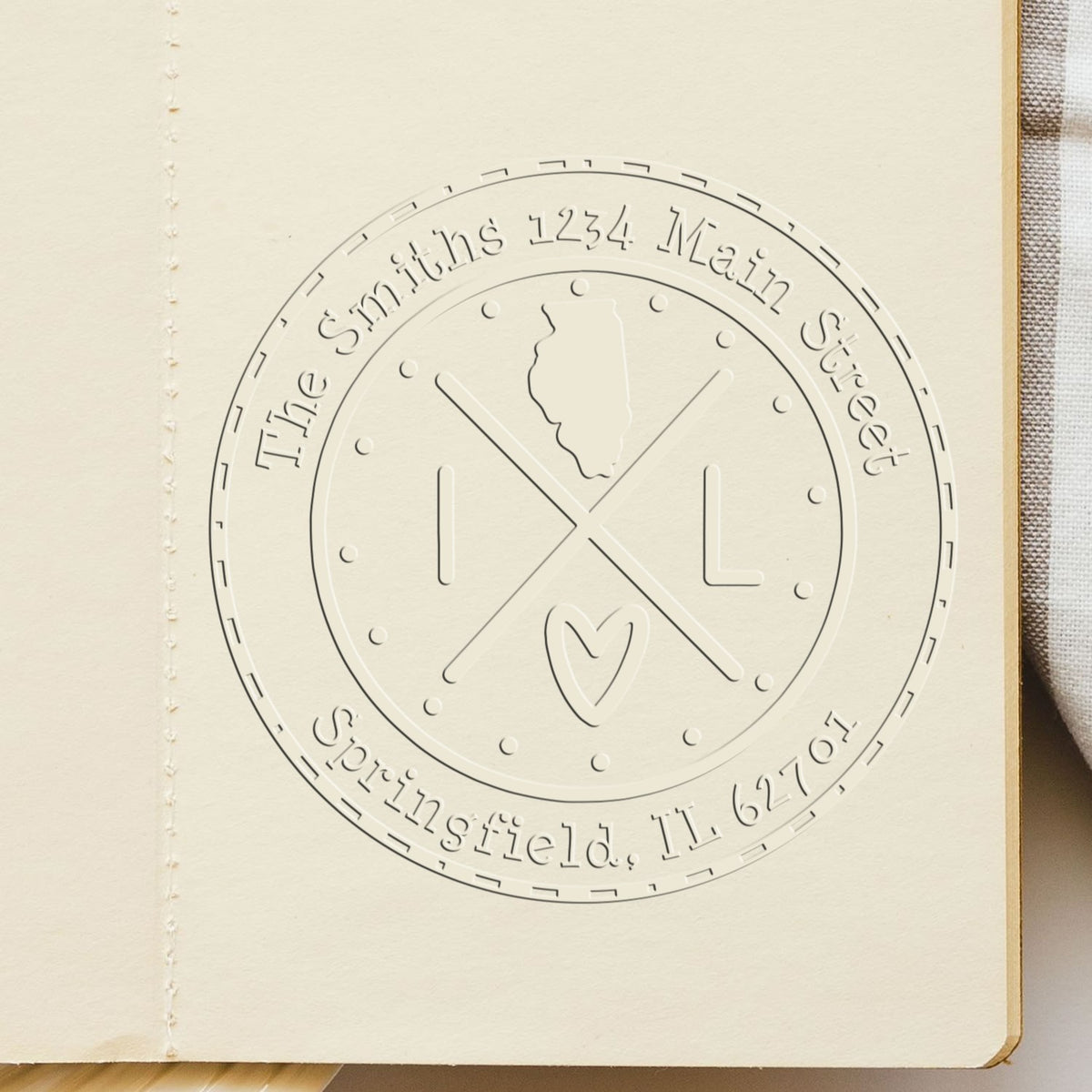Trodat State Cross Hybrid Illinois address seal stamp from State Love Stamps series, in use with customizable design.