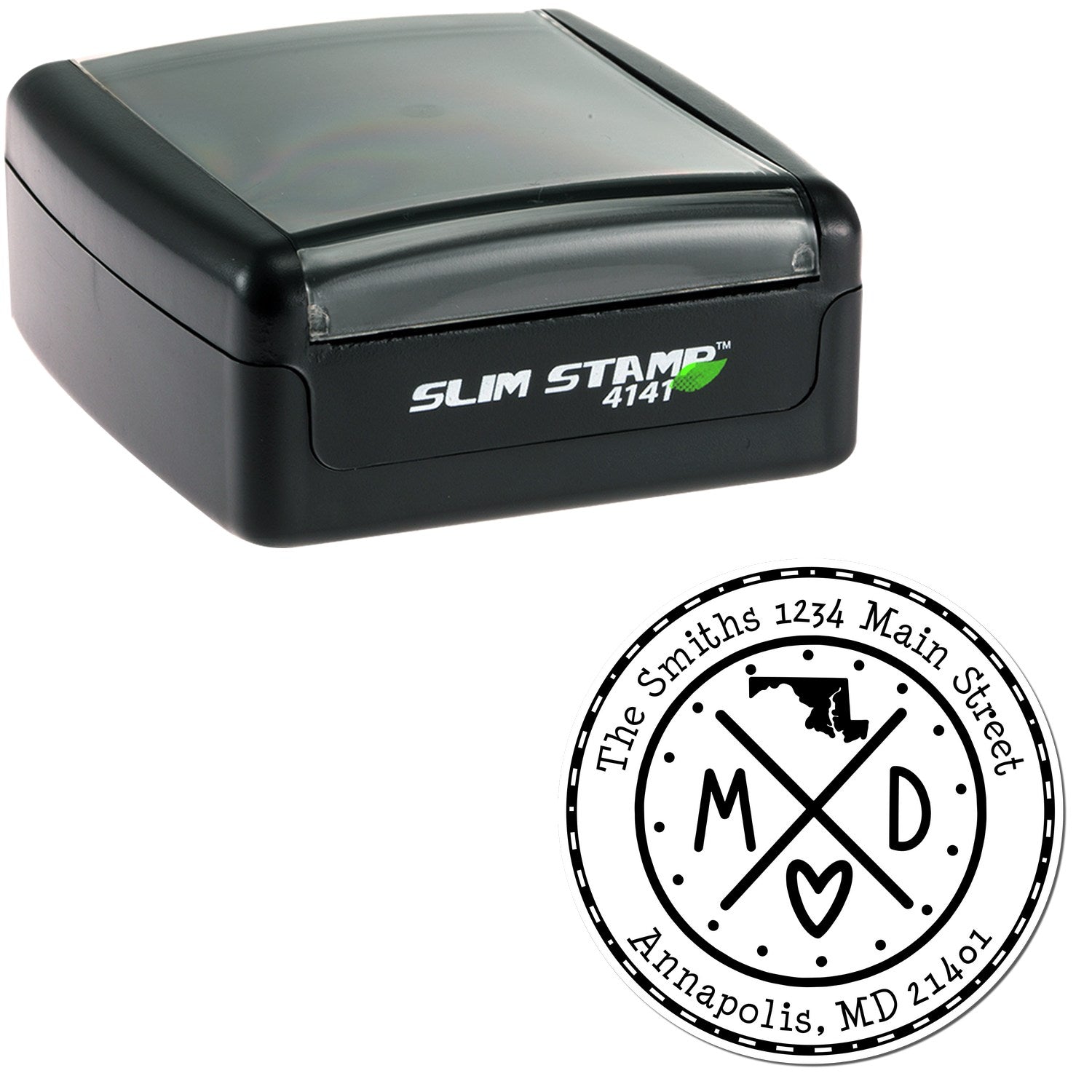 Black Slim Stamp 4141 self-inking stamp with translucent gray cap and round black-and-white custom seal