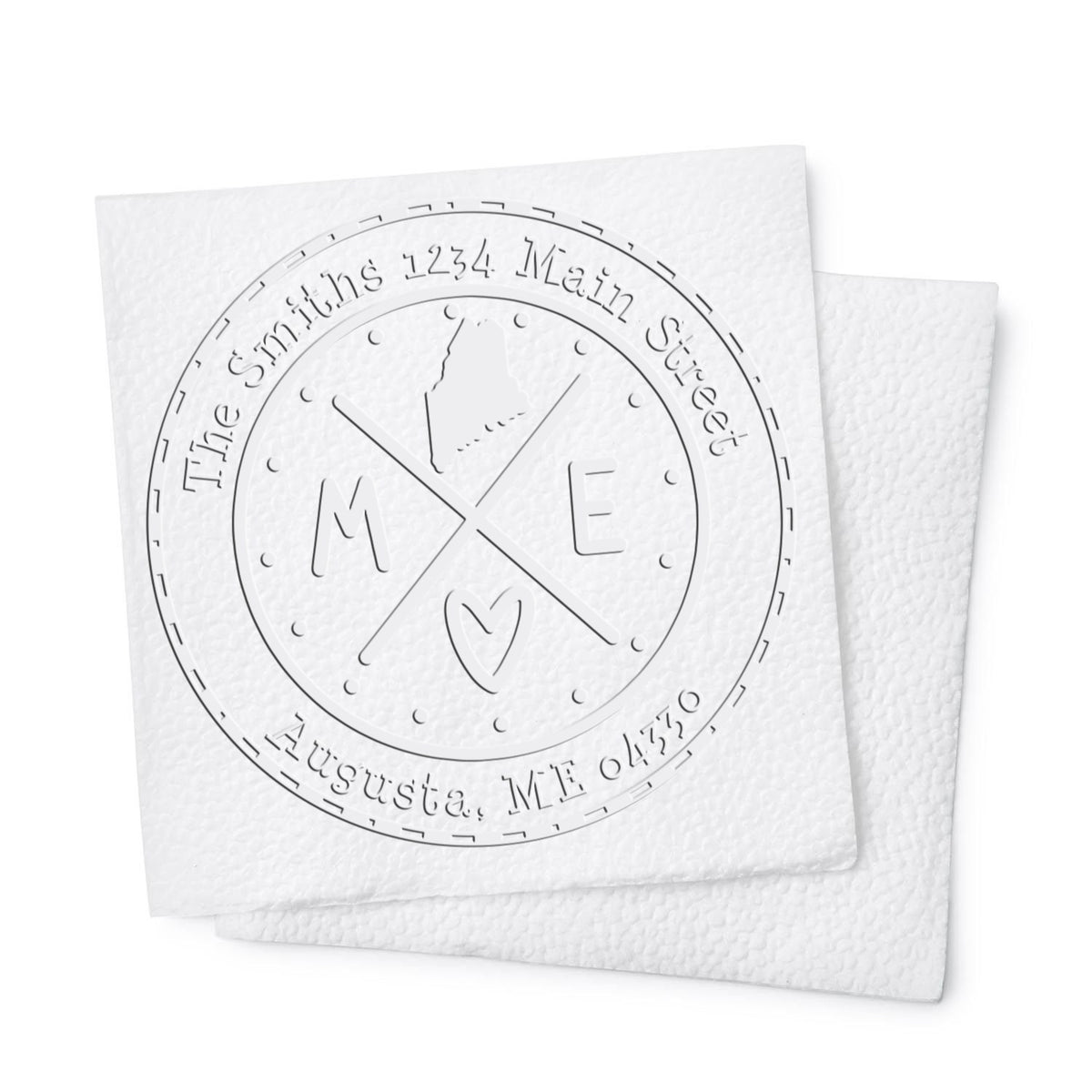 Embossed white stamp and seal cards with circular monogram, address text, and subtle gray raised design.
