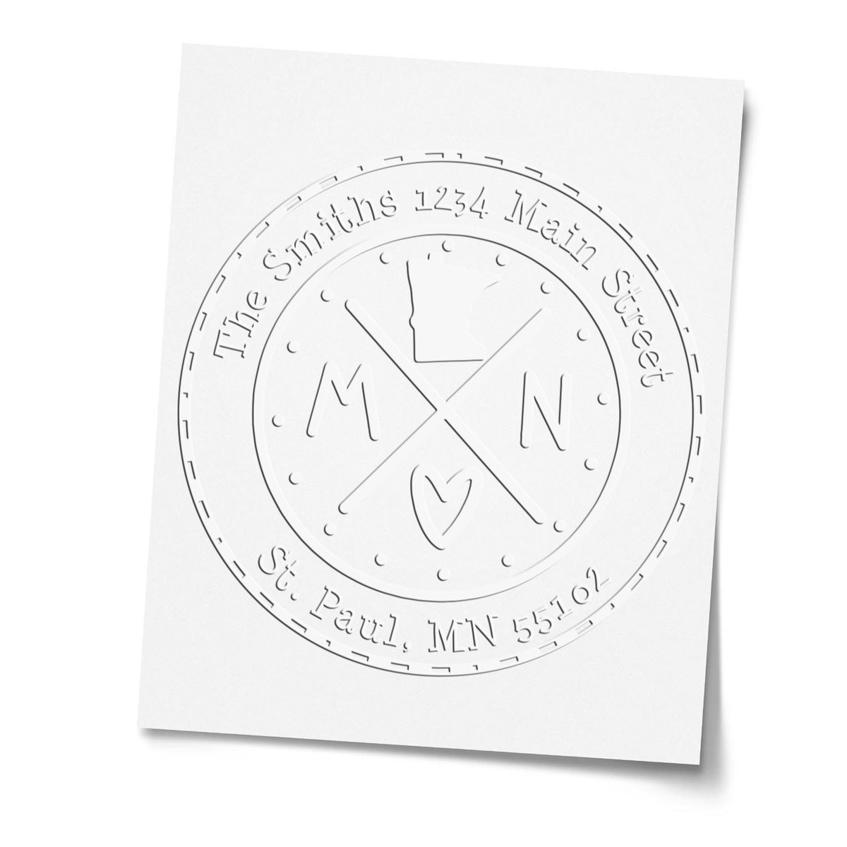 Trodat State Cross Hybrid Minnesota address embossing stamp from State Love Stamps series in use, showcasing detailed Minnesota map design.