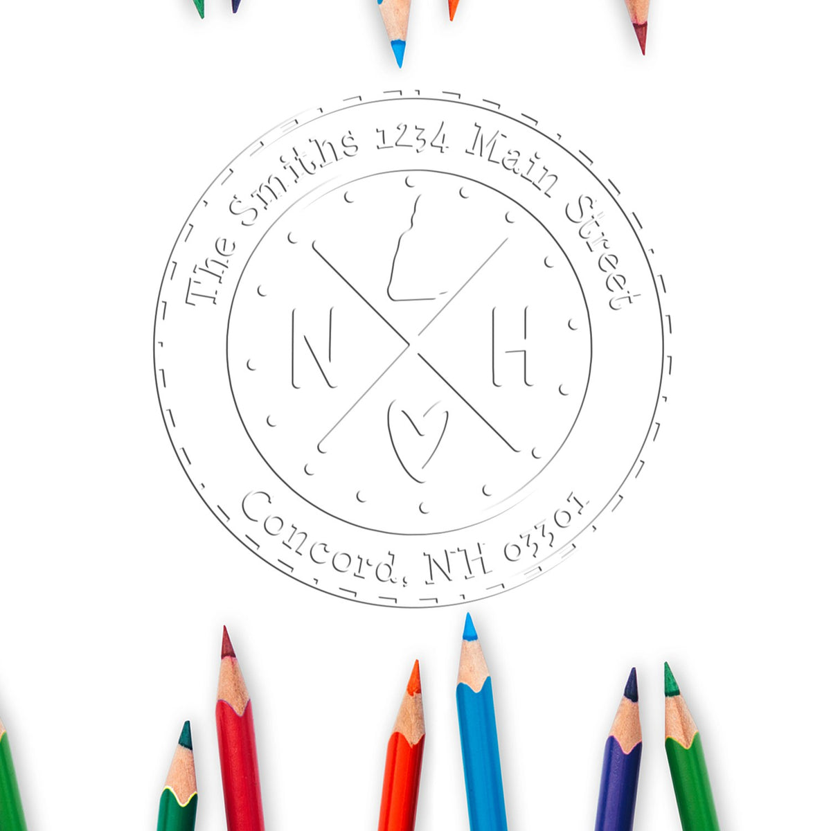 Custom circular stamp seal with The Smiths, address text, and crossed initials, surrounded by colored pencils on white.
