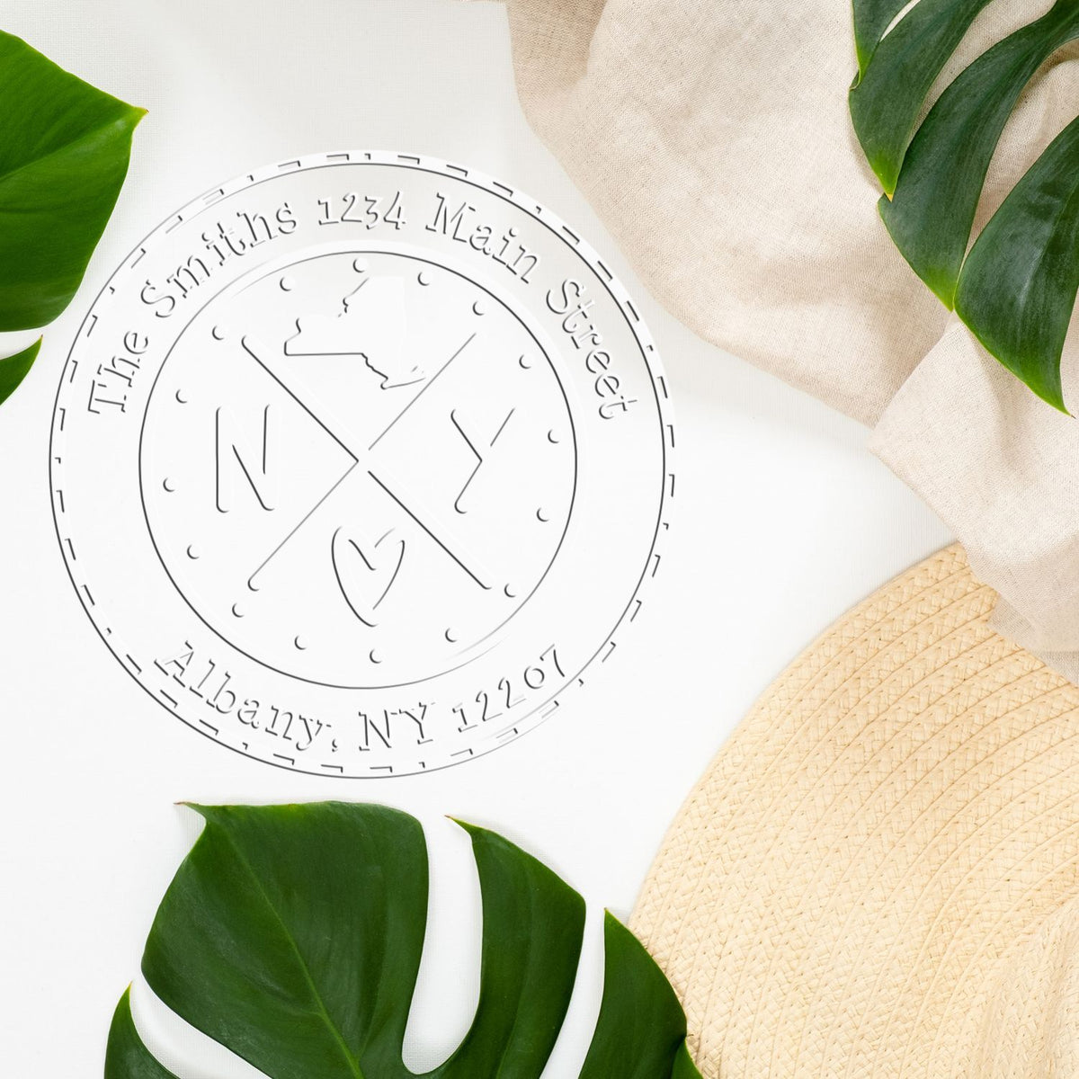Trodat State Cross Hybrid New York return address embossed seal from State Love Stamps, in use on a letter.