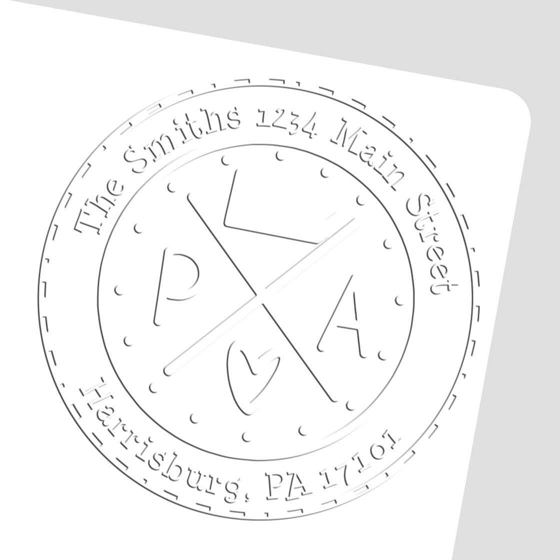 Gray circular stamp seal design for The Smiths, with initials P, A, H and address around the border on white.