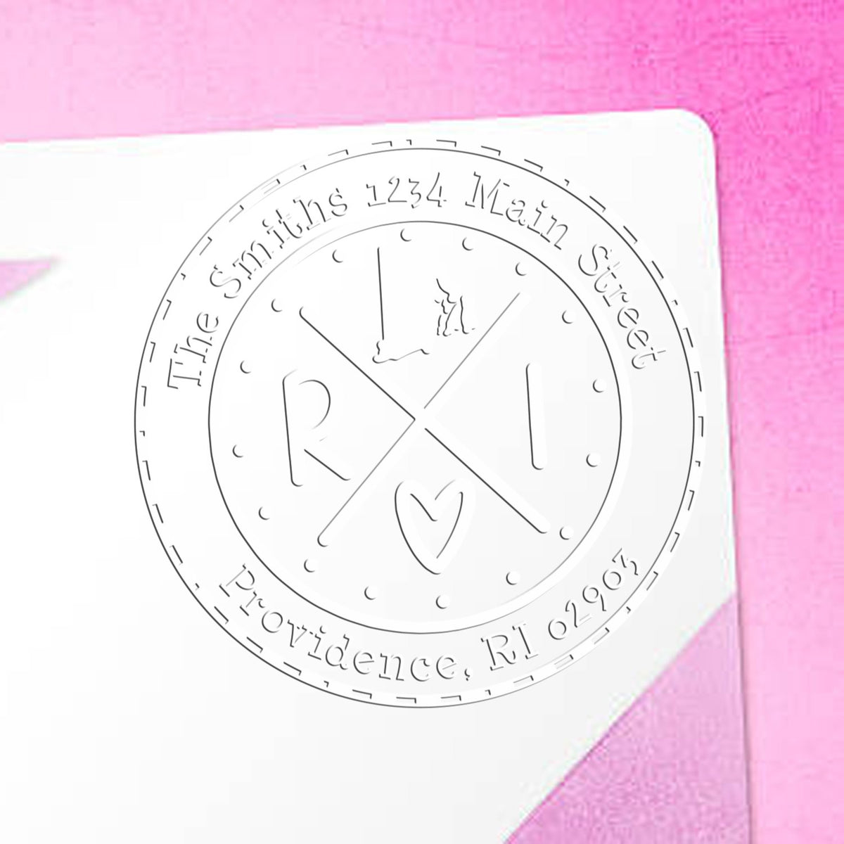 Trodat State Cross Hybrid Rhode Island address return embosser from State Love Stamps in use, featuring the RI state seal.