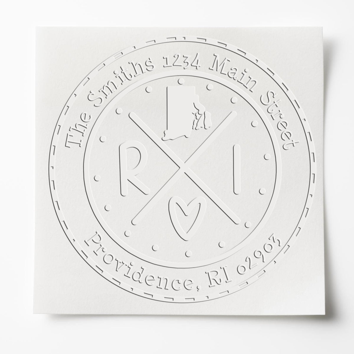 Trodat State Cross Hybrid Rhode Island address return embosser from State Love Stamps in use, featuring the RI state seal.