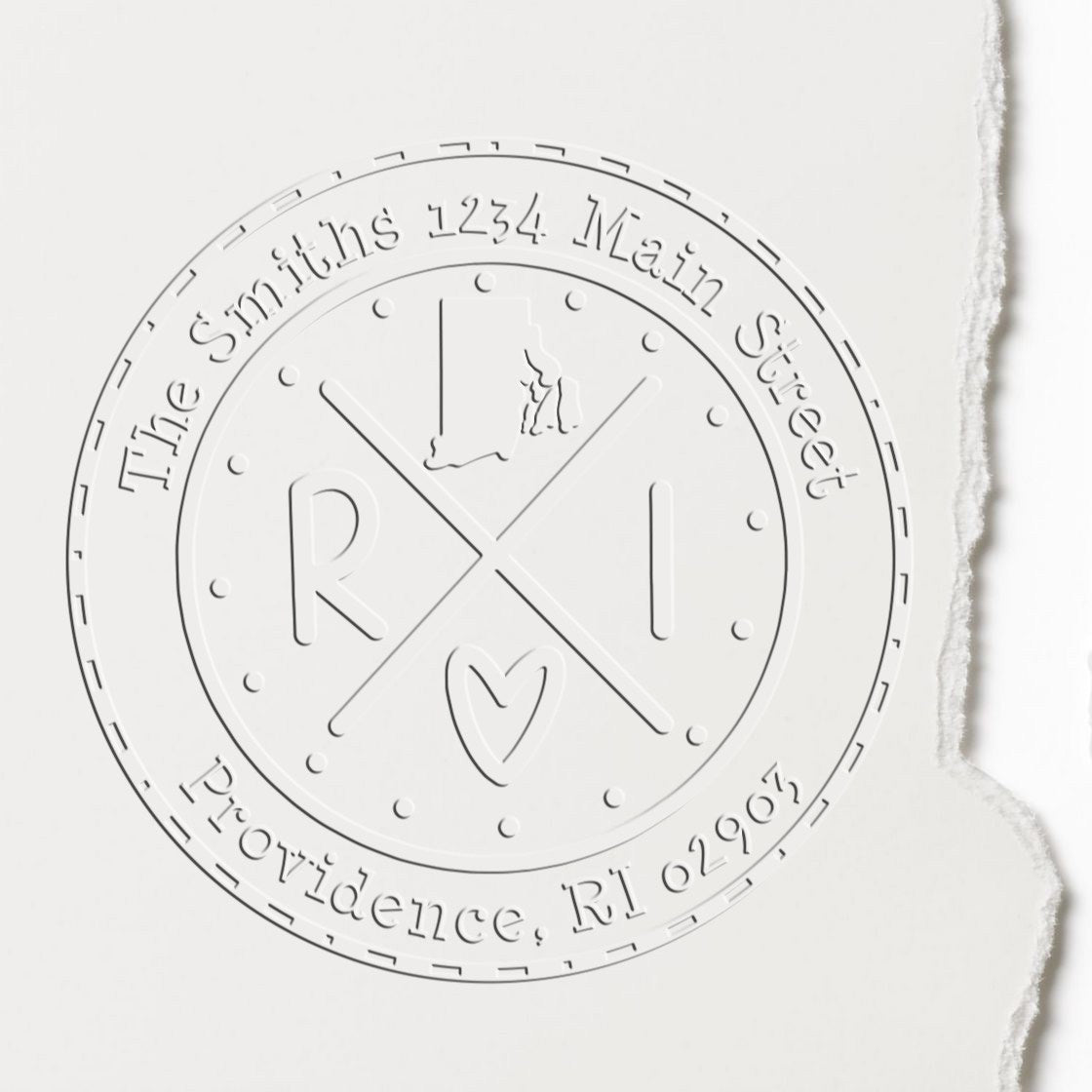 Trodat State Cross Hybrid Rhode Island address return embosser from State Love Stamps in use, featuring the RI state seal.