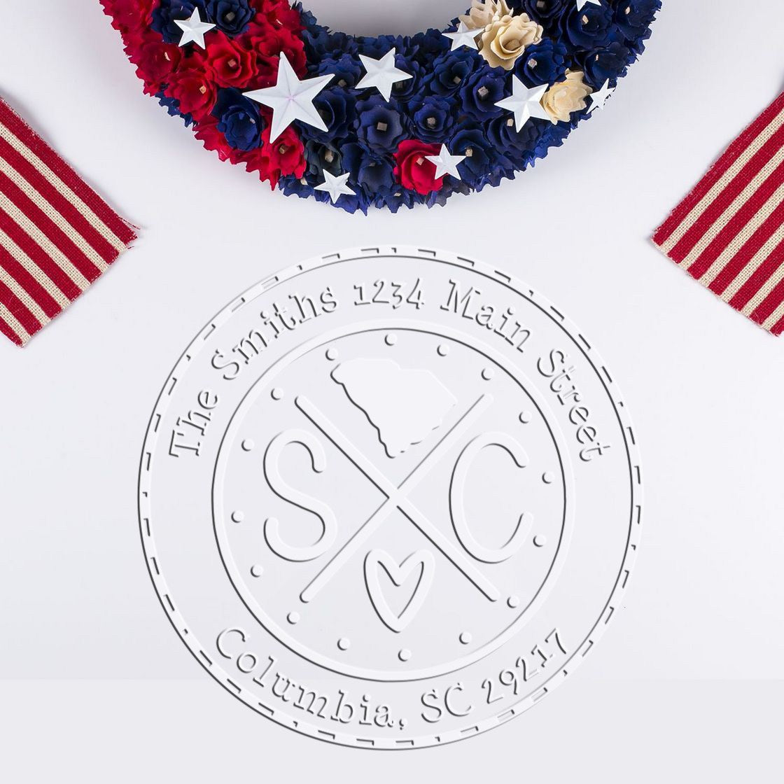 Trodat State Cross Hybrid Customizable Address Return Embosser Seal for South Carolina, featuring a cross design and personalized text.