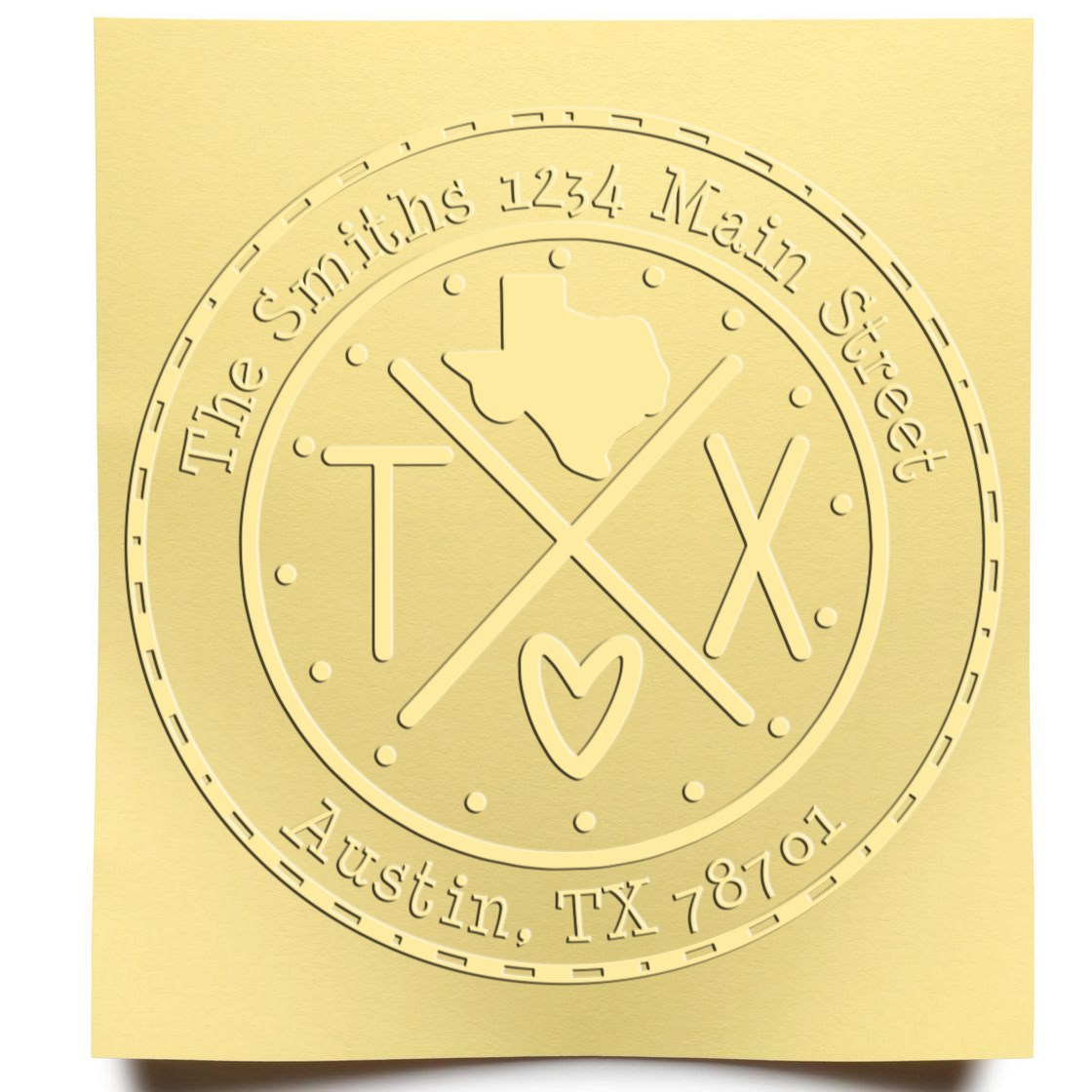 Embossed gold circular Texas stamp seal with TX logo, state outline, heart, and Austin, TX 78701 text.