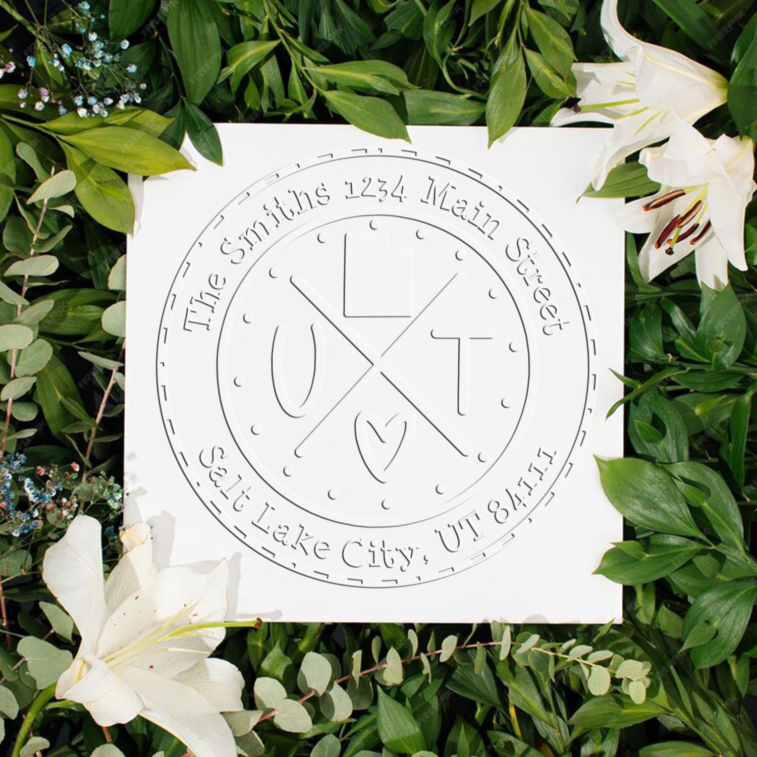 Custom white embossing seal stamp with circular UT monogram, surrounded by green leaves and white lilies.