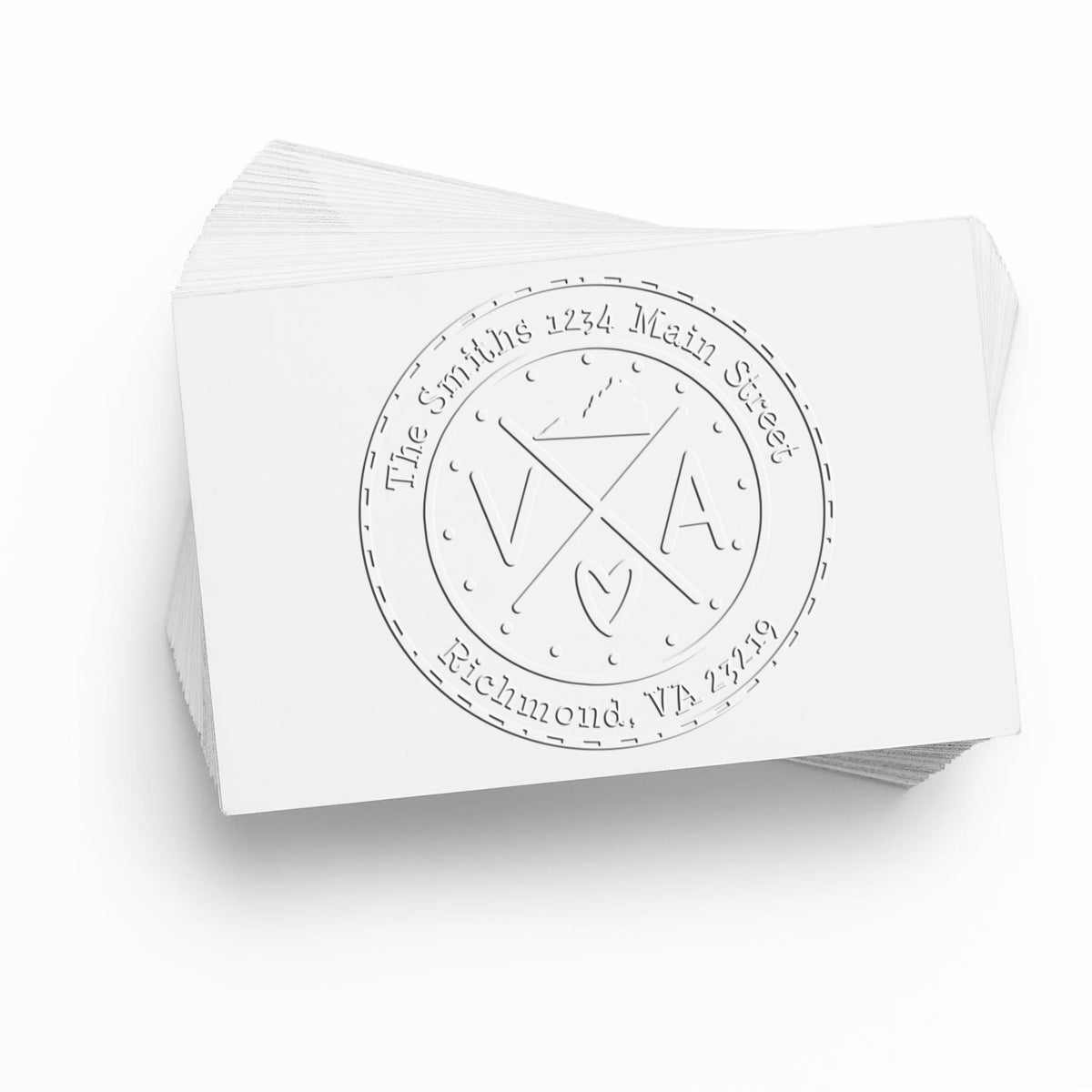 White stamp and seal cards with embossed circular monogram logo and Richmond, VA text