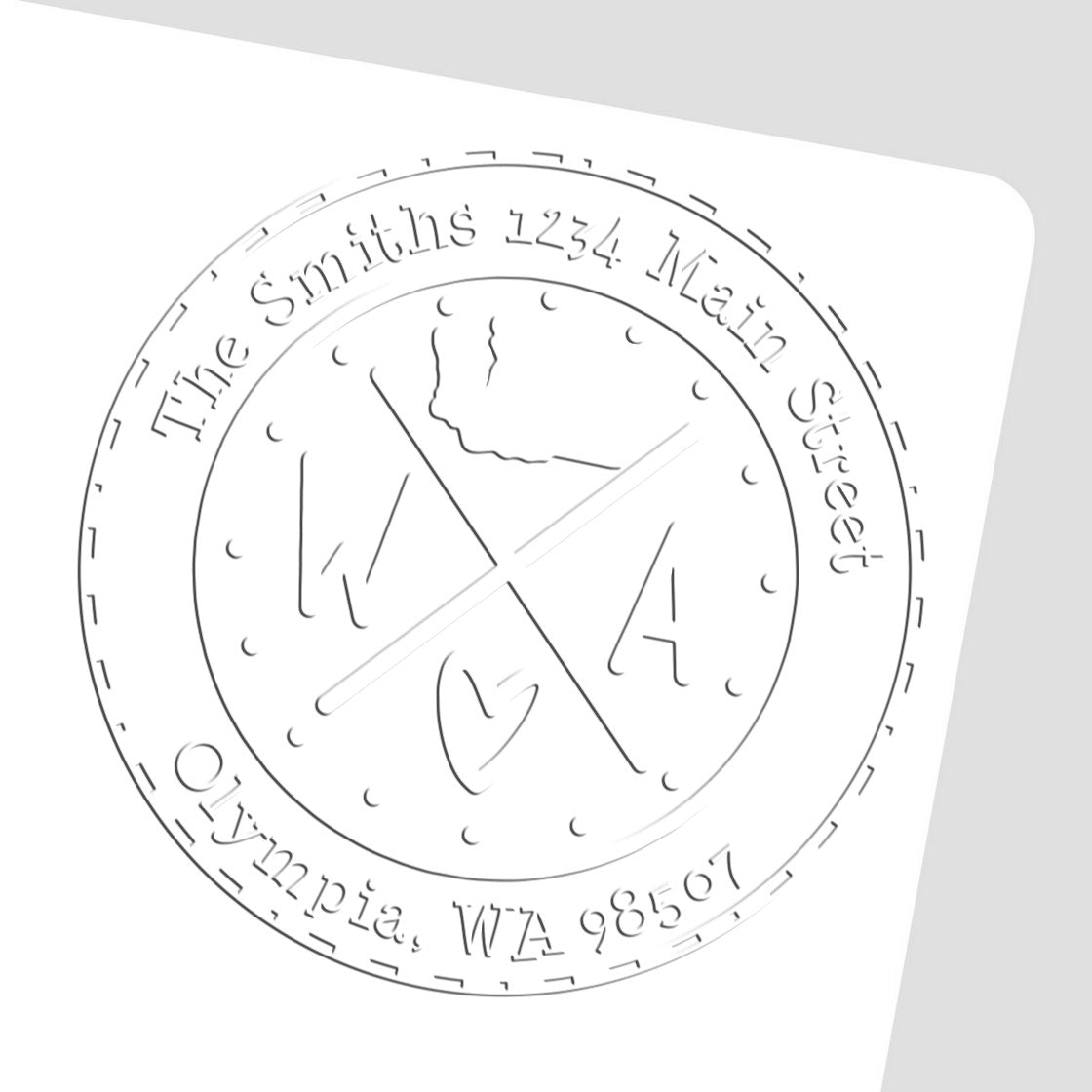 Round silver embossing seal stamp with The Smiths address and crossed-line logo on a white background.