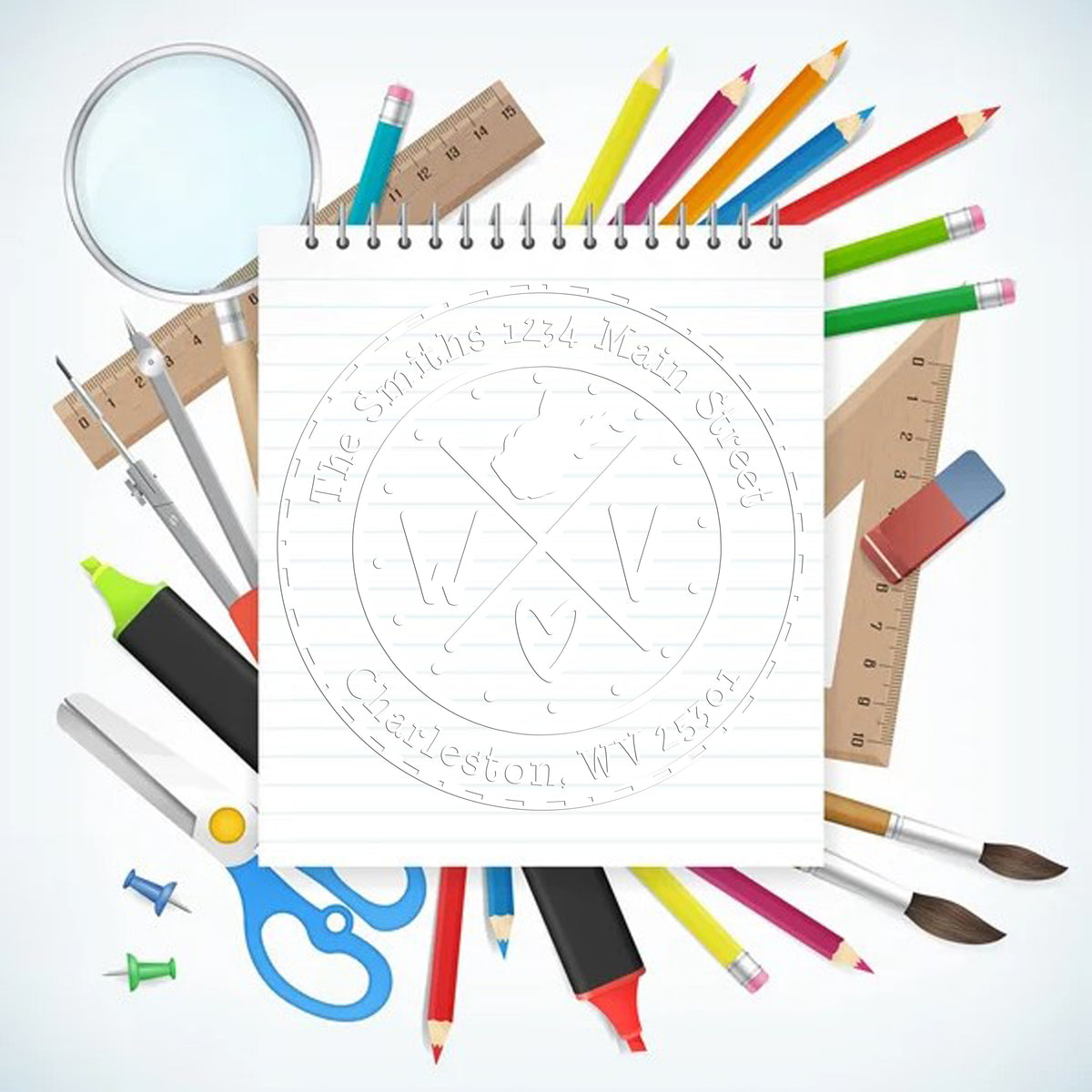 White notebook with circular stamp seal, surrounded by colorful pencils, rulers, scissors, and brushes.