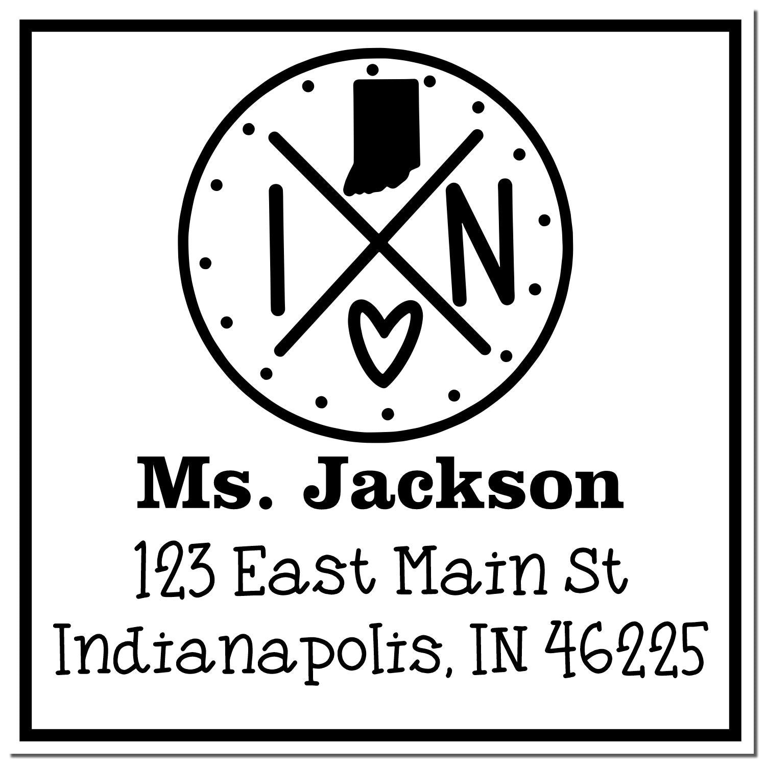 Black-and-white custom address stamp and seal with circular logo, Indiana outline, heart, and Ms. Jackson address details.