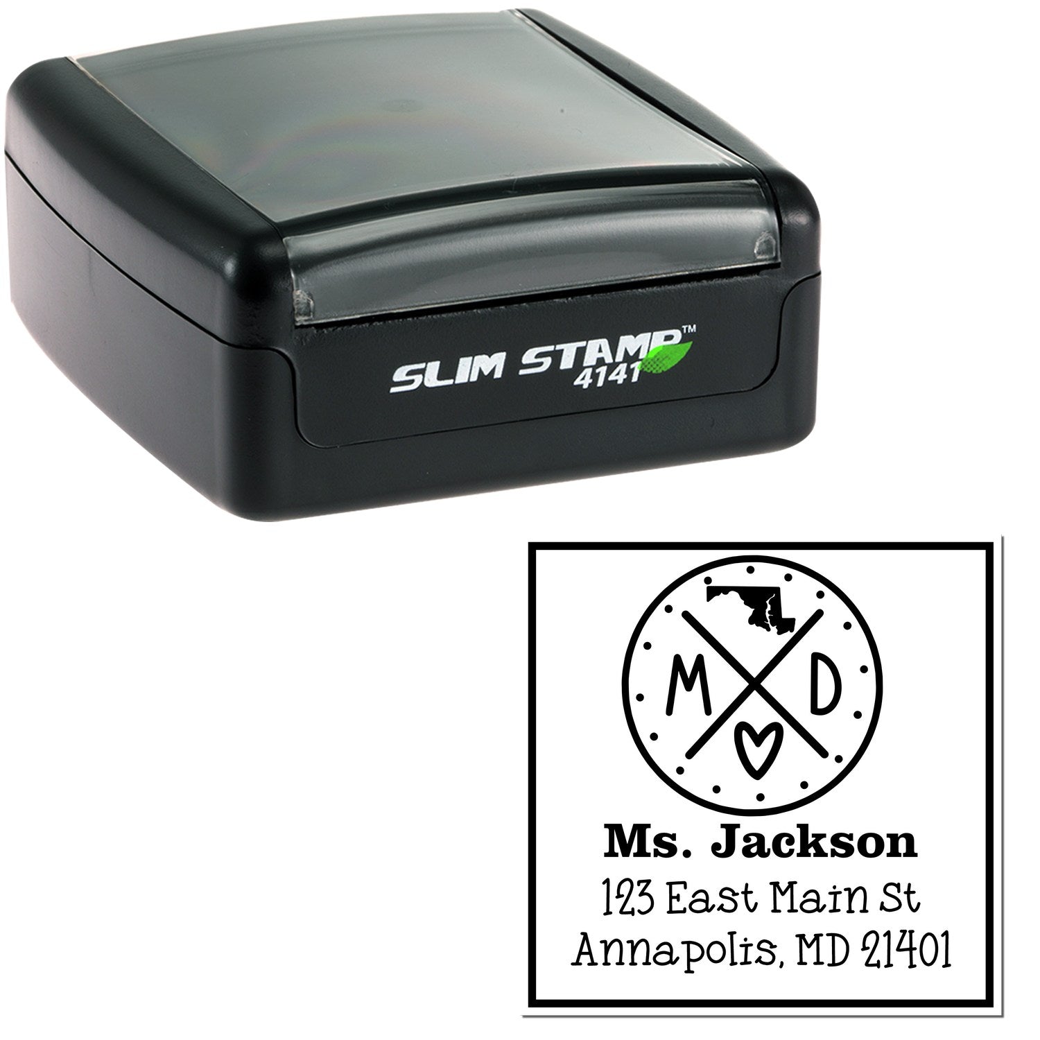 Black Slim Stamp 4141 self-inking stamp with custom address seal, initials M D, heart icon, and Maryland outline on white background.